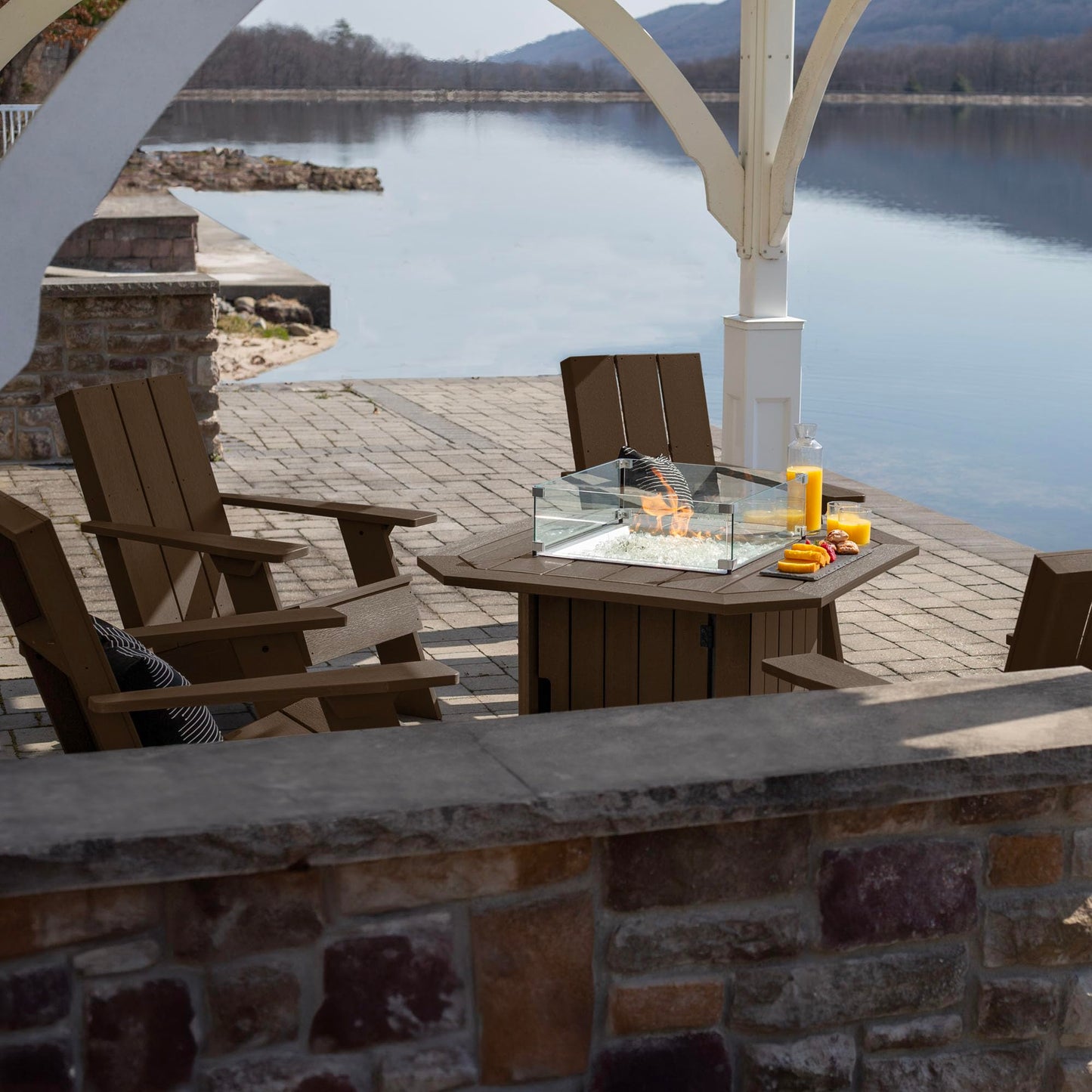 Oasis 5-Piece Conversation Set with Fire Pit Table, 4 Italica Modern Adirondack Chairs and 40” Fire Pit Table with Glass Wind Guard and Rain Cover, Weathered Acorn