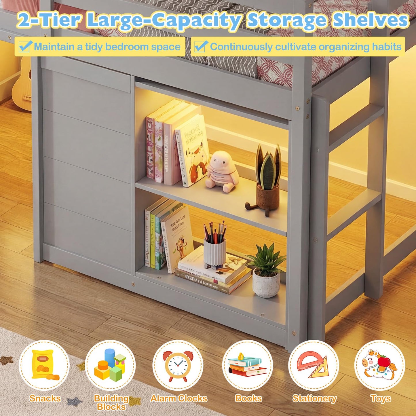 Giantex Loft Bed Twin Size with LED Lights, Wooden Low Bed Frames for Kids w/2 Doors, Under-Bed Play Space & Storage Bookcase, Modern Bedframe with Ladder & Safety Guardrail for Boys Girls (Grey)