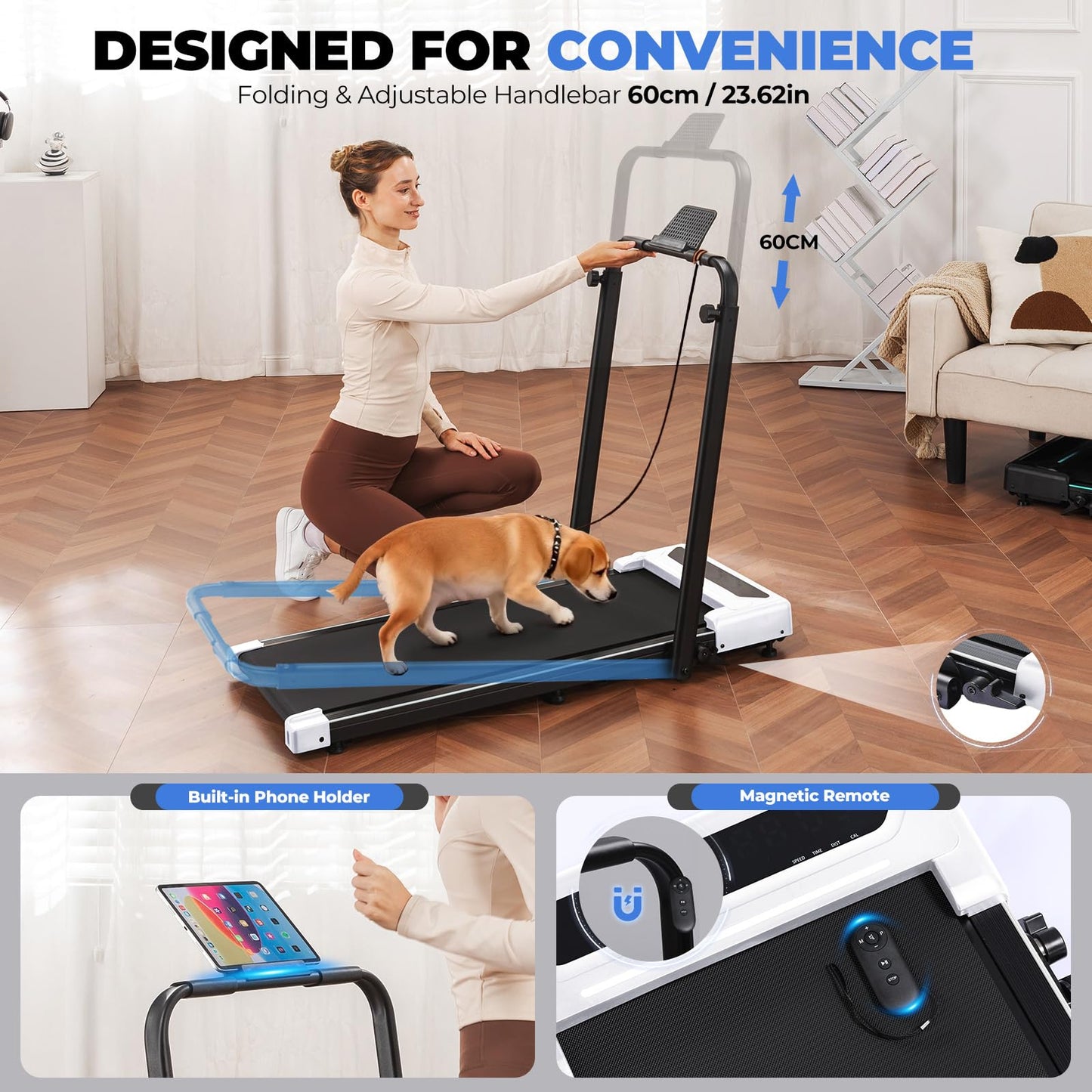 GTRACING Walking Pad with Incline & Height-Adjustable Handlebar, 5-in-1 Foldable Treadmill for Home & Office, Portable Under Desk Treadmill 350LB with Remote Control LED Display, White