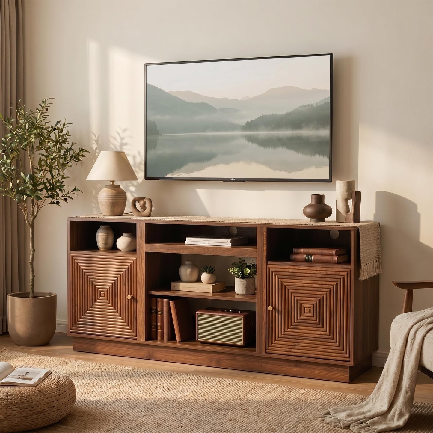 RoyalCraft TV Stand, Farmhouse Entertainment Center with Storage and Adjustable Shelves, Wood Tall TV Console for Living Room, Bedroom