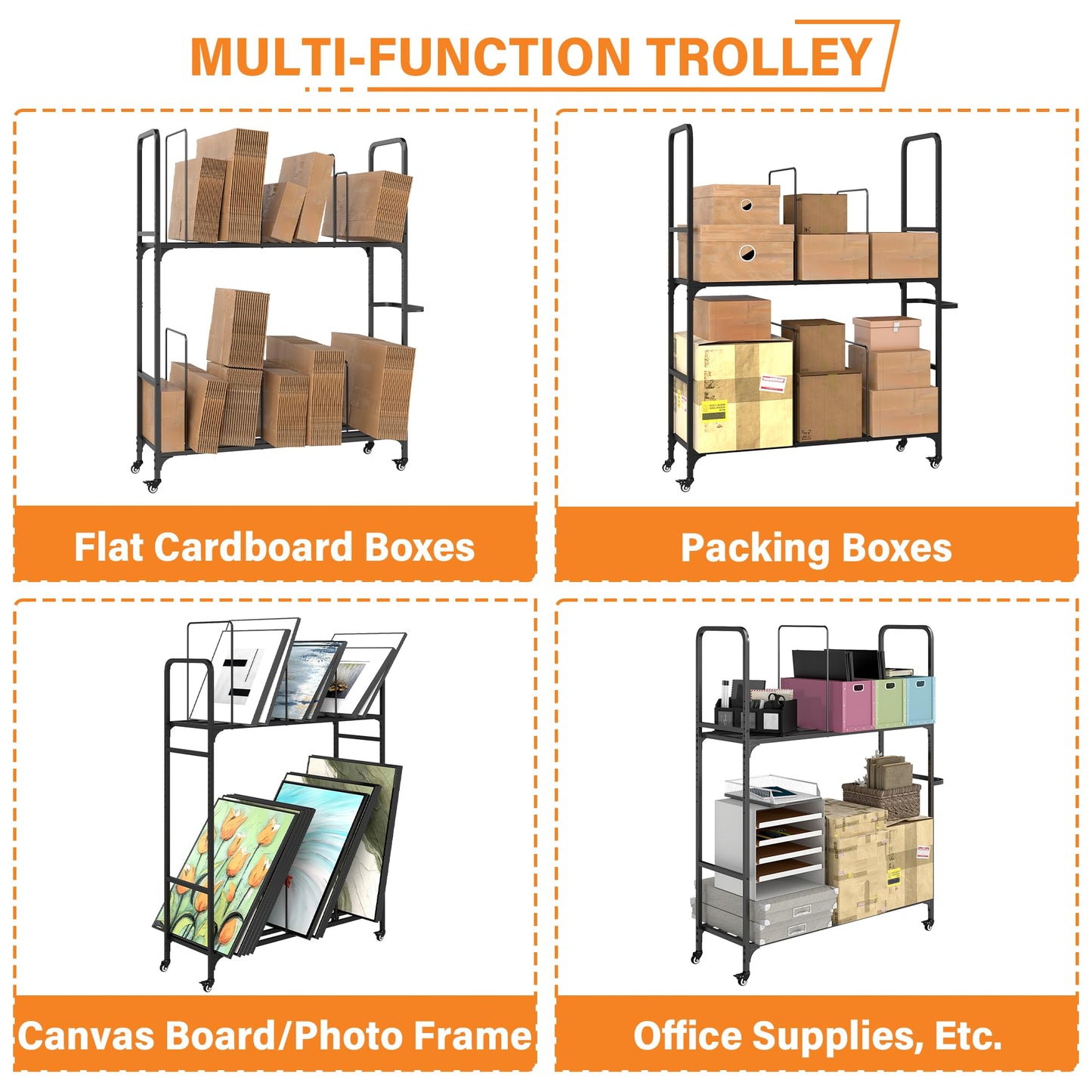 2-Tier Carton Stand, Metal Cardboard Box Organizer, Rolling Cardboard Box Stand, Heavy Duty Carton Storage Cart with Dividers, Shipping Boxes Cart with Wheels for Commercial Home Supermarket Warehouse