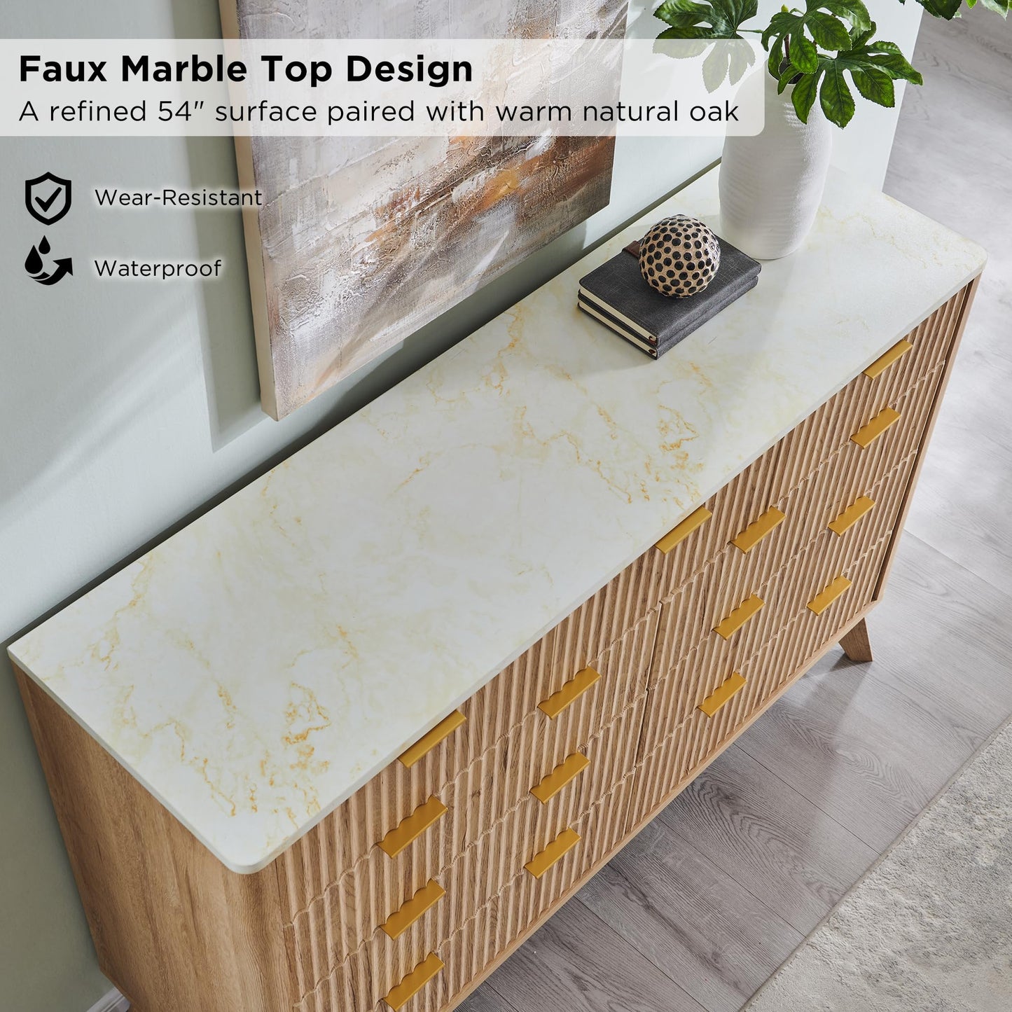 T4TREAM Fluted 9 Drawer Dresser, Modern Chest of Drawers with Faux Marble Top, Curved Profile Design, Dresser TV Stand, Wood Drawer Organizer for Bedroom, Living Room, Hallway, Natural Oak