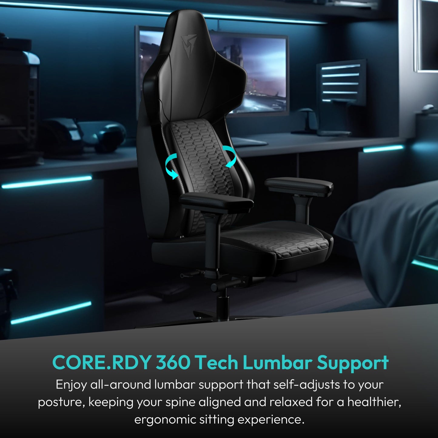 ThunderX3 CORE Gaming Chair, for Adults Ergonomic Office Chair, High Back Desk Chair, Synchronous Tilt, Forward Tilt, 360° Self-Adjusting Lumbar Support, Multipurpose Footrest, Leather, Racer Black