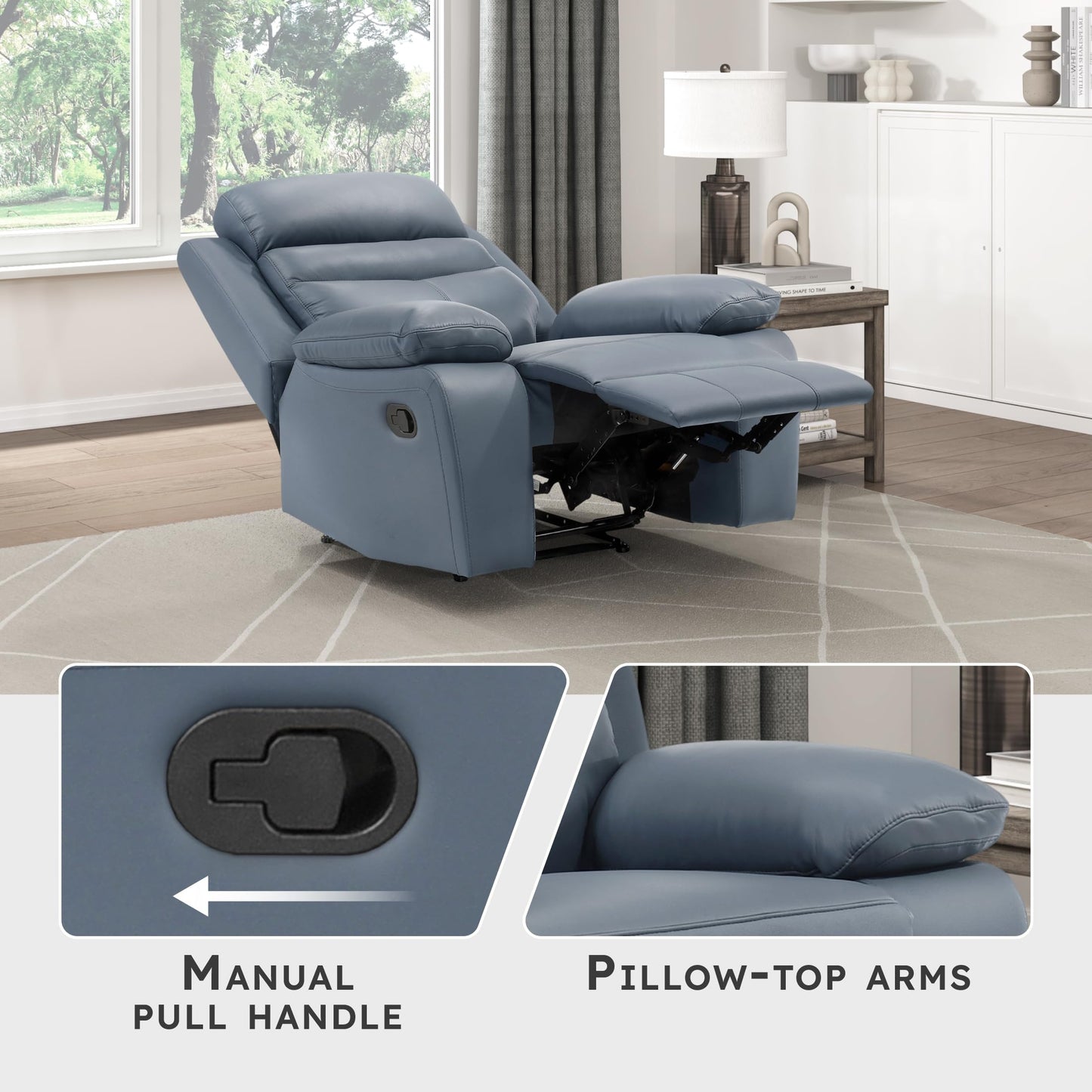 Lexicon 41" W Manual Reclining Chair, Top Grain Leather Match Recliner, Home Theater Seating, Wall Hugger Recliner, Manual Reclining Sofa Chair for Living Room/Office/Apartment, Blue
