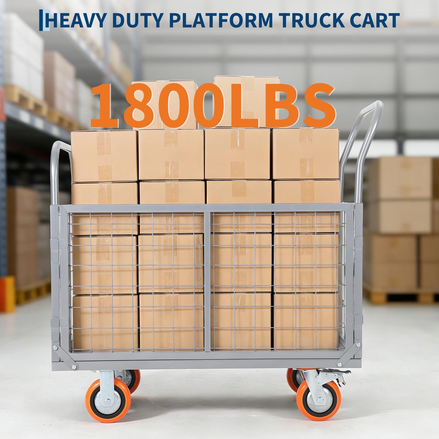 Platform Truck Cart with Cage, 6-in-1 Multi-Purpose Push Cart Dolly, Foldable Hand Truck Load 1800 LBS with 4 Wheels Flatbed Cart for Grocery, Laundry, Garage, Warehouse,Silver