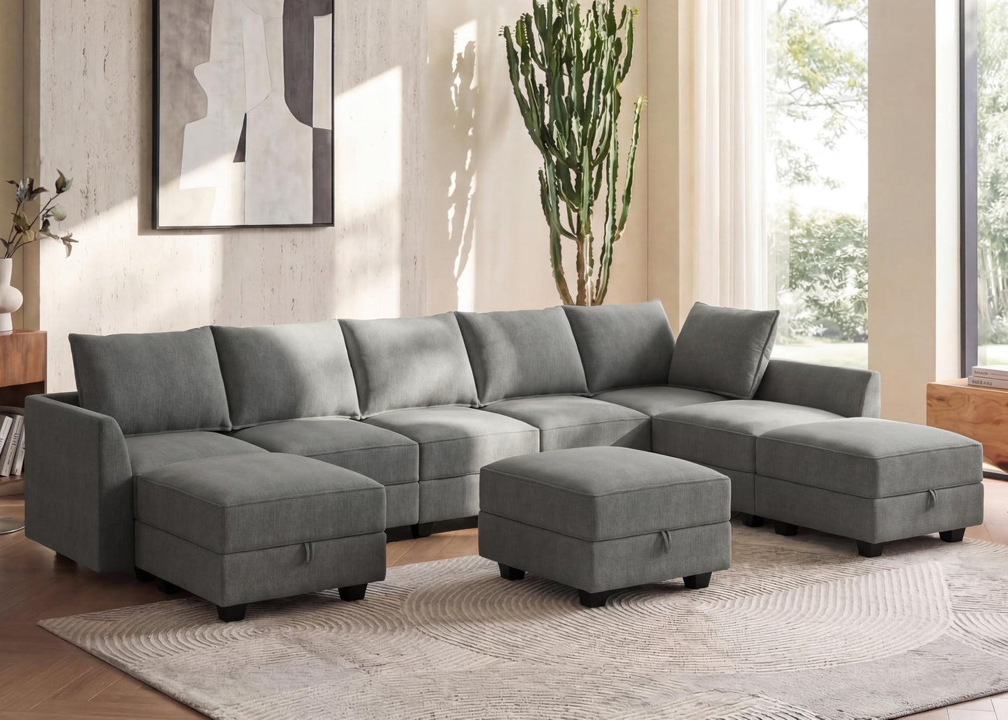 HONBAY Oversized Modular Sectional Sofa with Storage Seats Reversible Couch with Ottomans U Shaped Modular Sectional Couch for Living Room, Grey