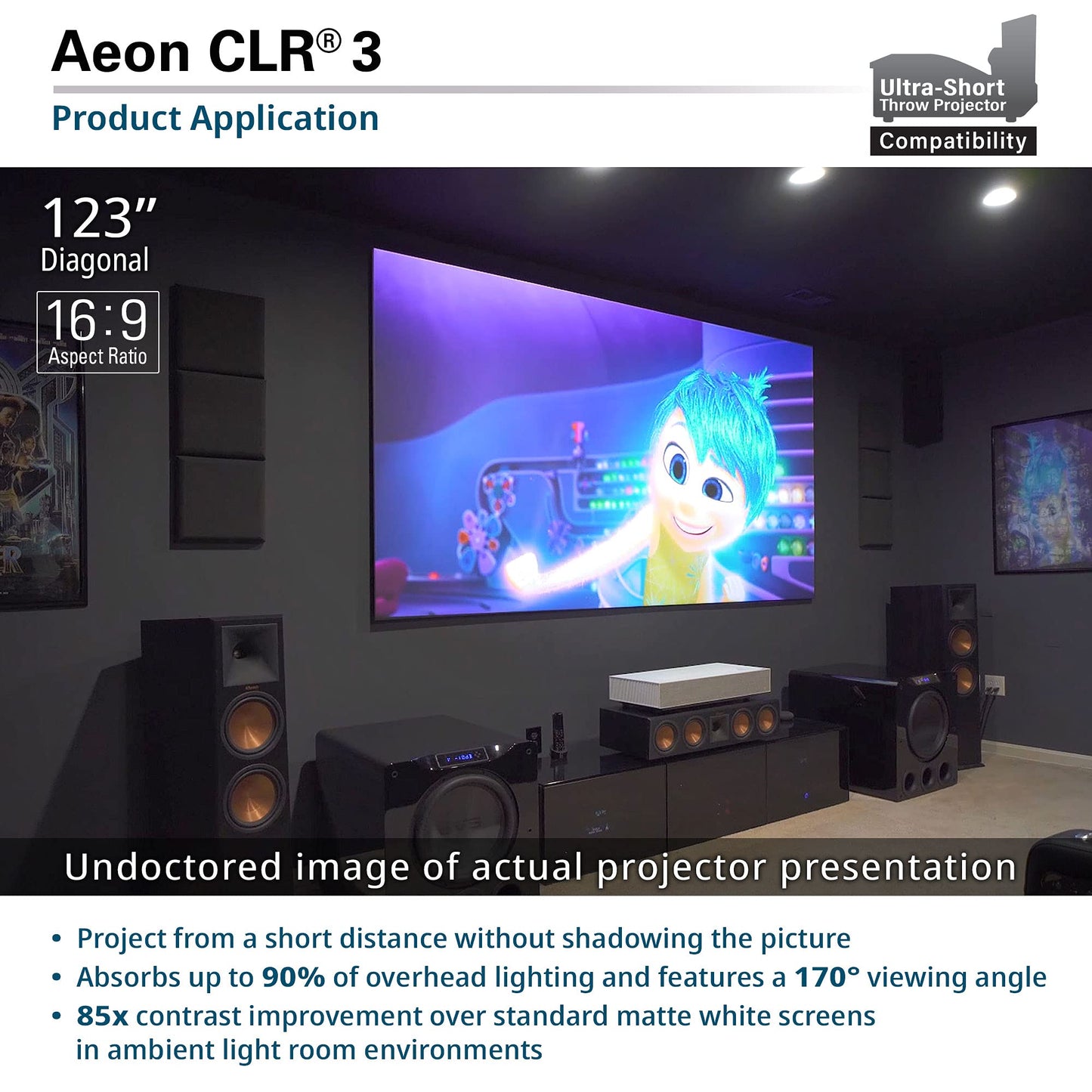 Elite Screens Aeon CLR3 123" UST ALR Projector Screen, 16:9 4K Ultra HD, 90% Ceiling Light Rejecting, Edge-Free Fixed Frame, Grey Screen for Indoor Home Theater & Movies – AR123H-CLR3