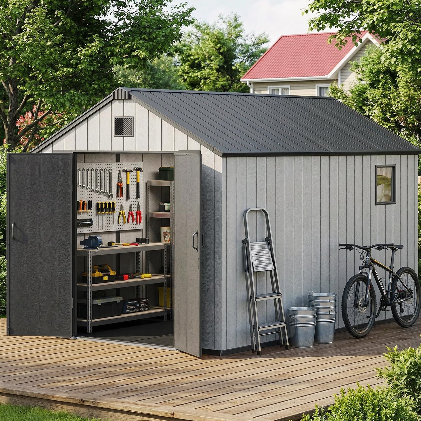 Jocoevol Outdoor Storage Shed, 8x12FT Resin Shed with Floor/Windows/Lockable Door/Vents, 15mm Thickened Heavy Duty All-Weather Garden Tool Shed for Backyard, Patio, Lawn, Gray