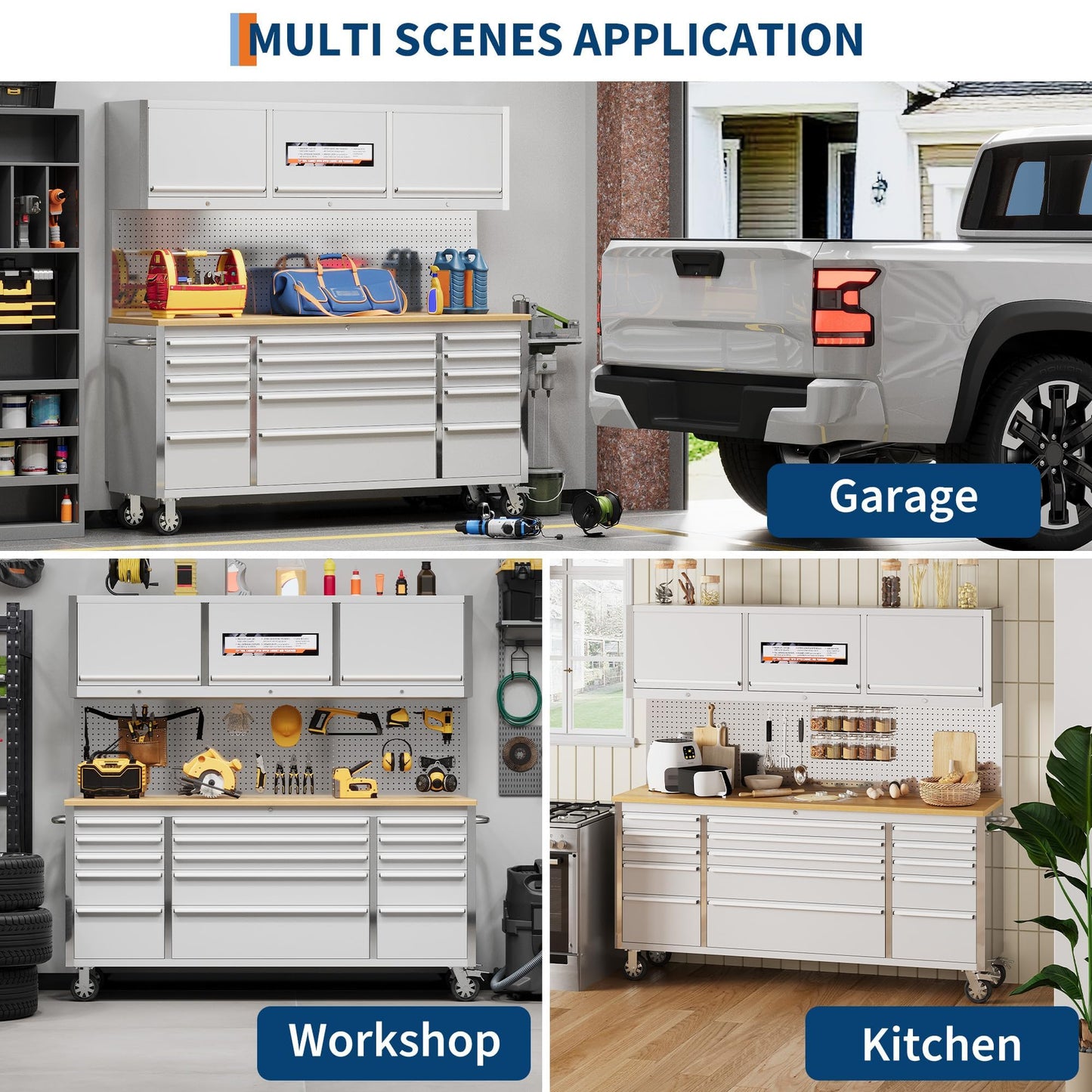 Heavy Duty 61" Tool Chest Cabinet, Mobile Garage Workbench with 15Drawers and Power Strip, Rubber Wood Worktop, 1675 LBS Load, Rolling Tool Storage Organizer for Mechanic, Shop or Home Use