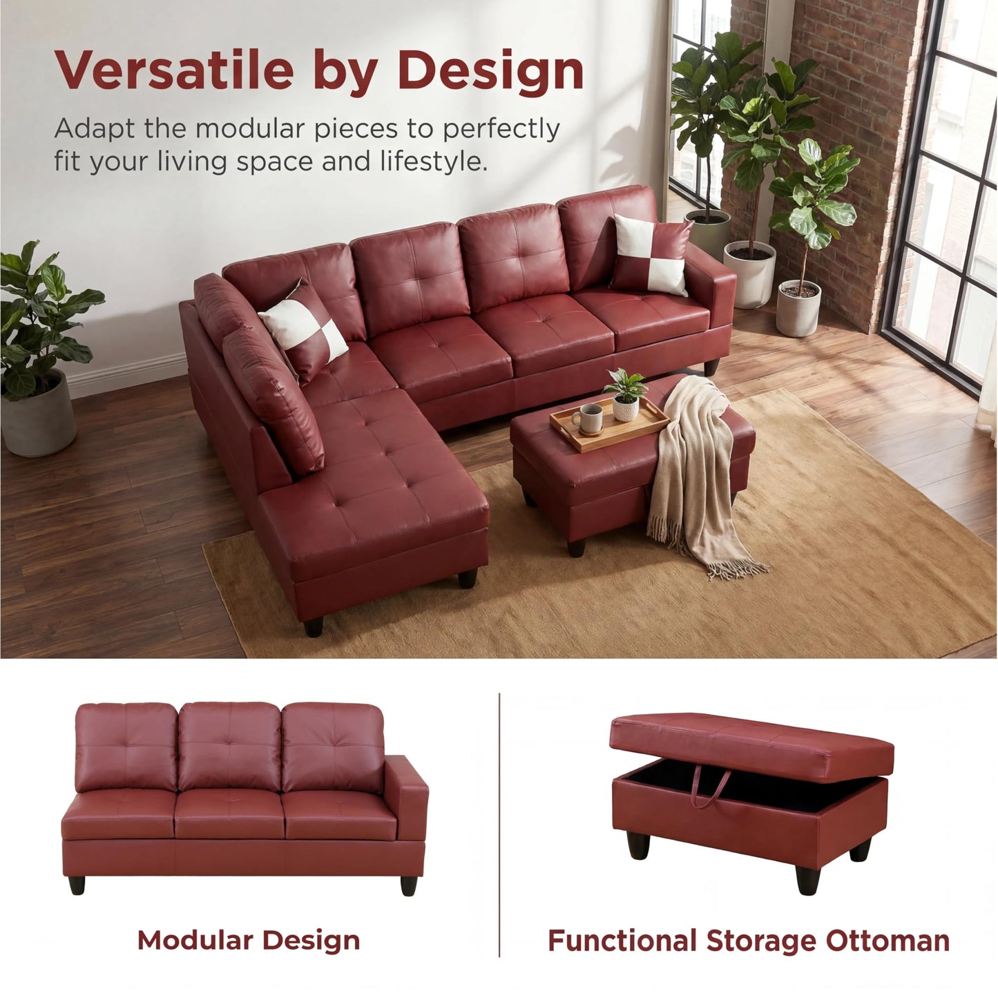 Topcomfy Leather L Shaped Sectional Couches for Living Room - 97.5“ x 66.5" Modular Sectional Sofa with Storage Ottoman, 4 Seat Home Sofa Living Room Furniture Sets with Chaise for Apartment, Brown