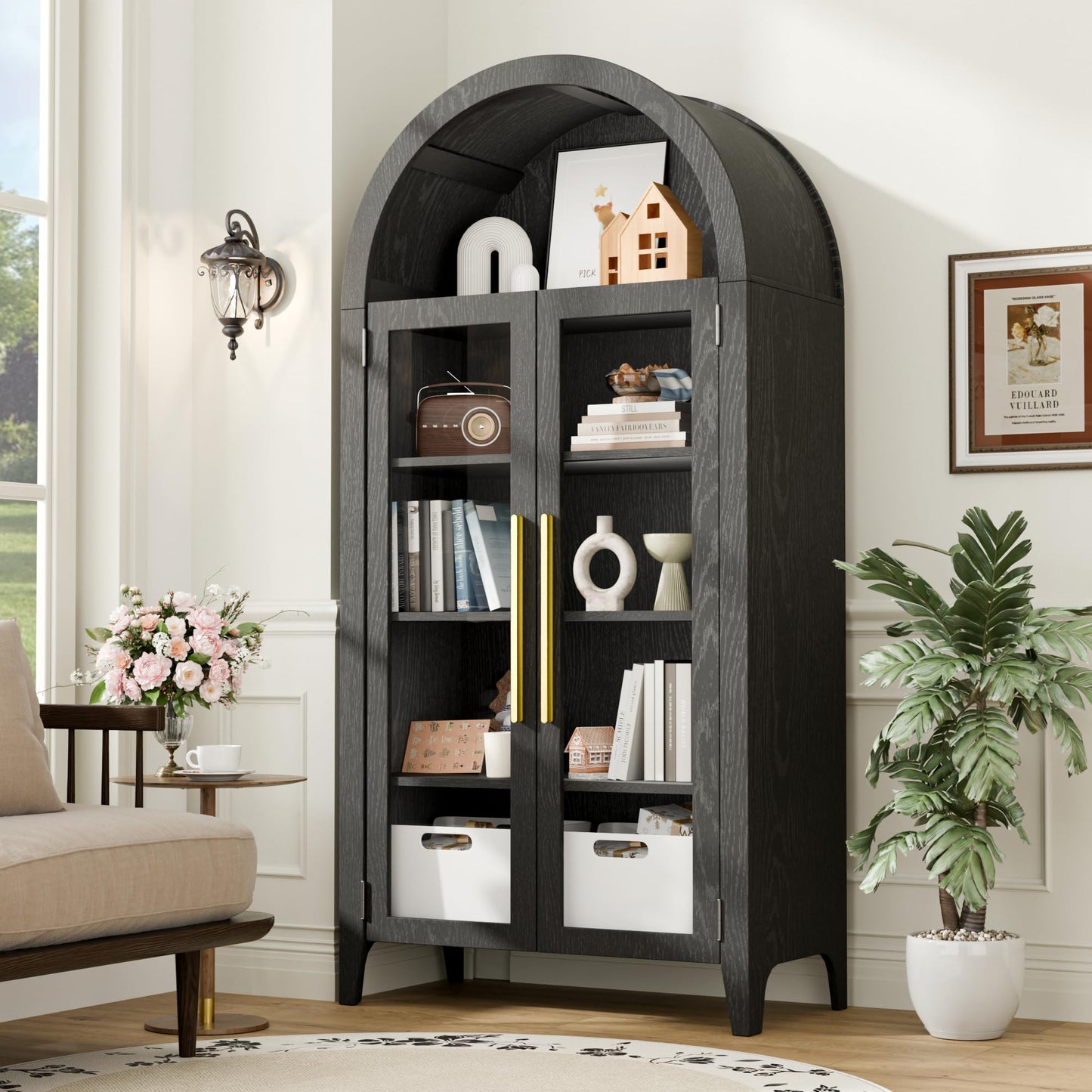 Trygoal Arched Display Cabinet with Tempered Glass Doors Heavy Duty 5 Tier Curio Cabinet with Adjustable Shelves Modern Arched Bookshelf Free Standing Bookcase Pantry for Living Room Kitchen Black
