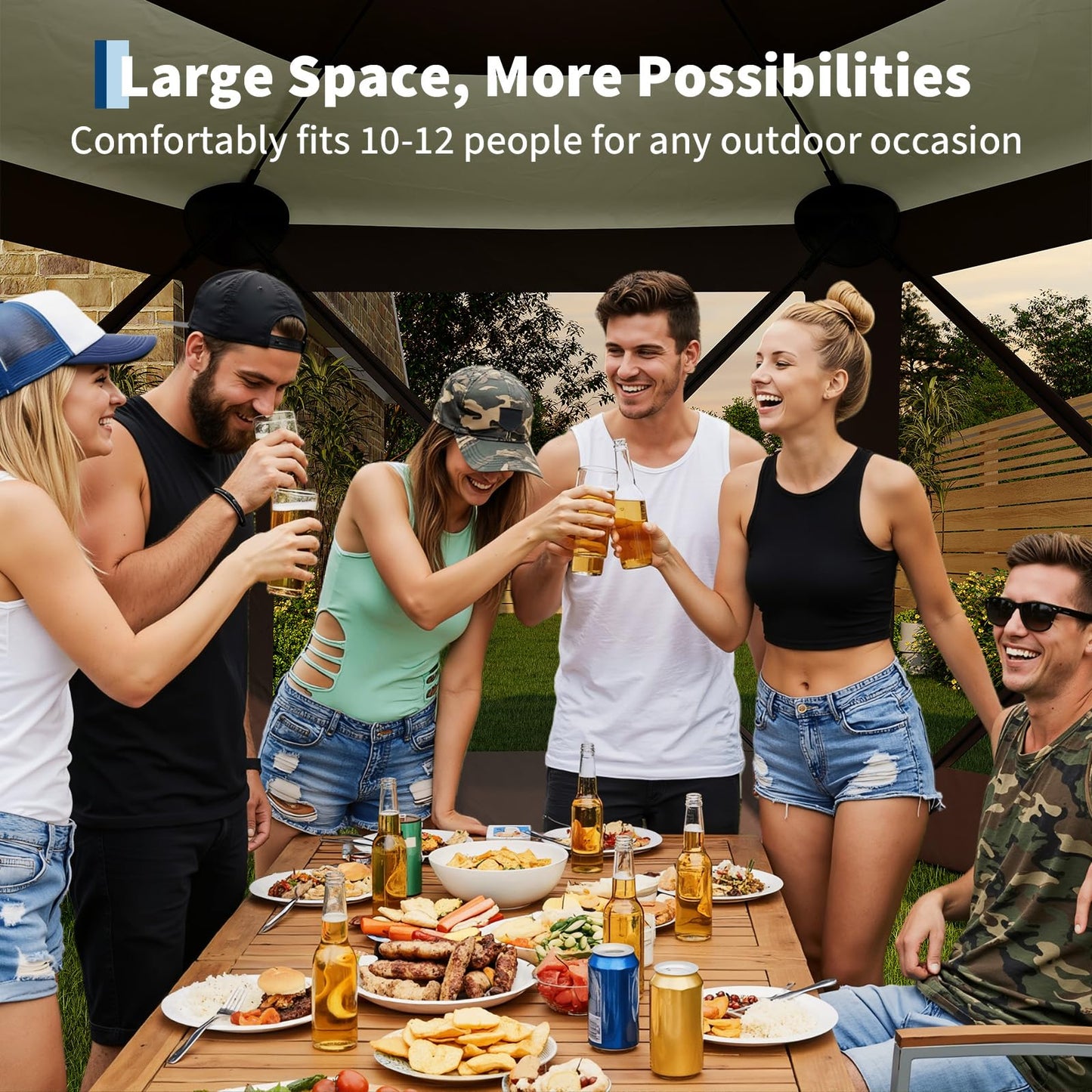 Garvee 12FT Pop-Up Gazebo 6-Sided, Outdoor Canopy Tent with Mosquito Netting & Removable Wind Cloths for Camping, Backyard Parties, Outdoor Events, Beige & Khaki