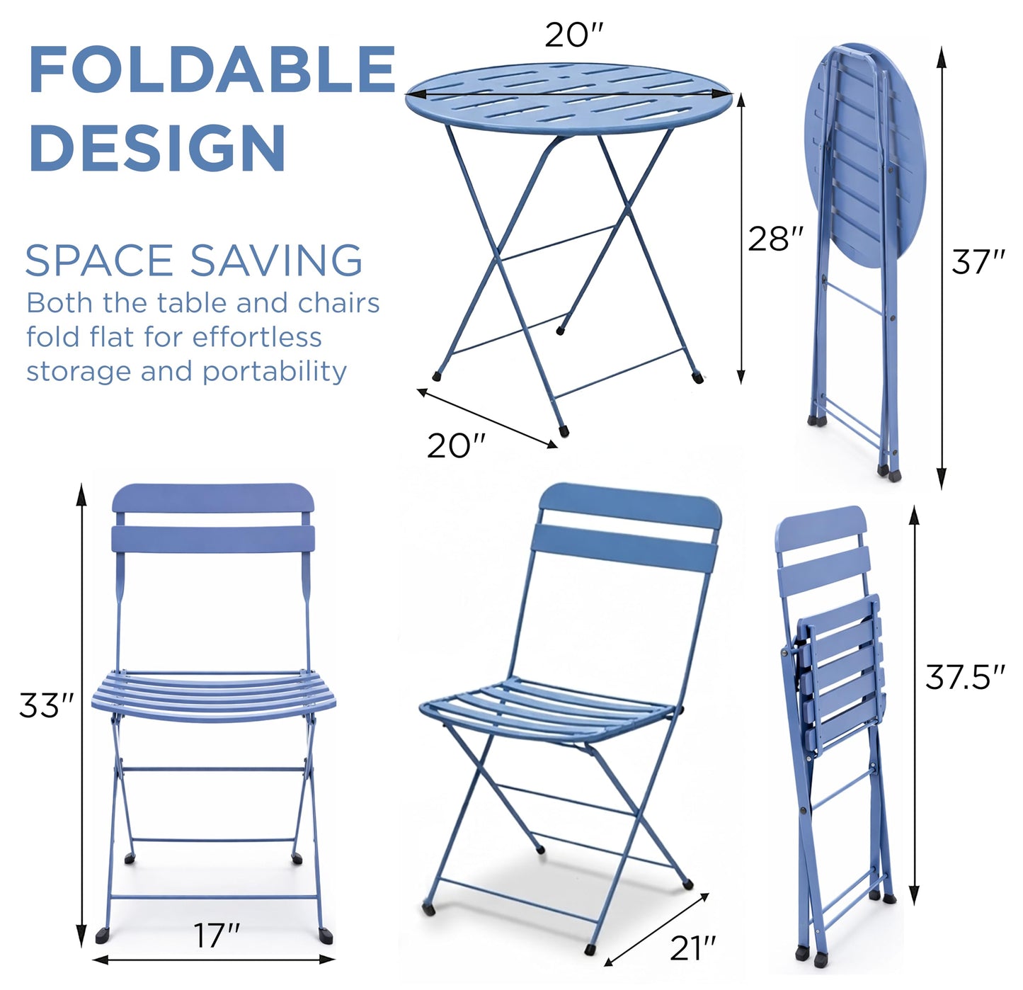 Alpine Corporation VTFAM168A-BL 3-Piece Blue Metal Folding Bistro Set – 20" Round Patio Table with 2 Folding Chairs – Portable Indoor/Outdoor Balcony & Garden Furniture Set