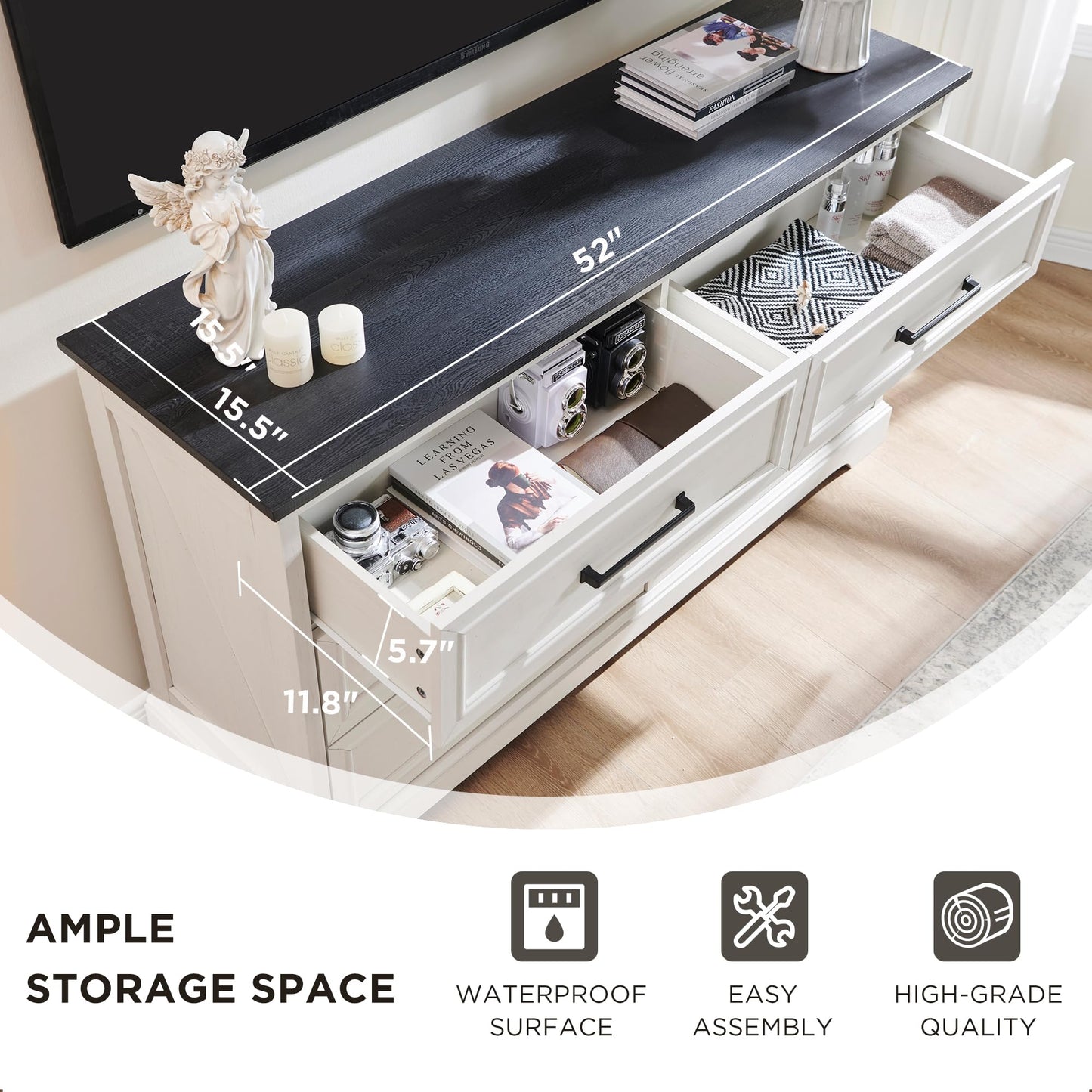 ACCOHOHO Farmhouse 6 Drawer Dresser for Bedroom, 52 Inch Wide Modern Dresser TV Stand with Large Drawers & Bar Handles, Rustic Wood Chest of Drawers for Bedroom, Living Room, Hallway, Off White