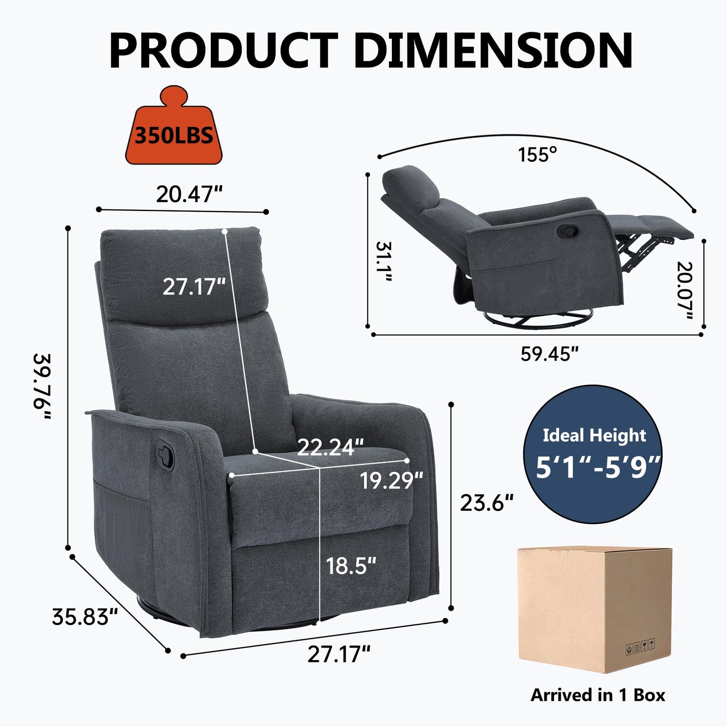KEIKI 4-in-1 Manual Swivel Rocker Recliner Chair for Home Living Room, Polyester Chair with Back Massager & Heat, Home Theater Seating with Lumbar Support, Tool Free Assembly for Any Space, Grey