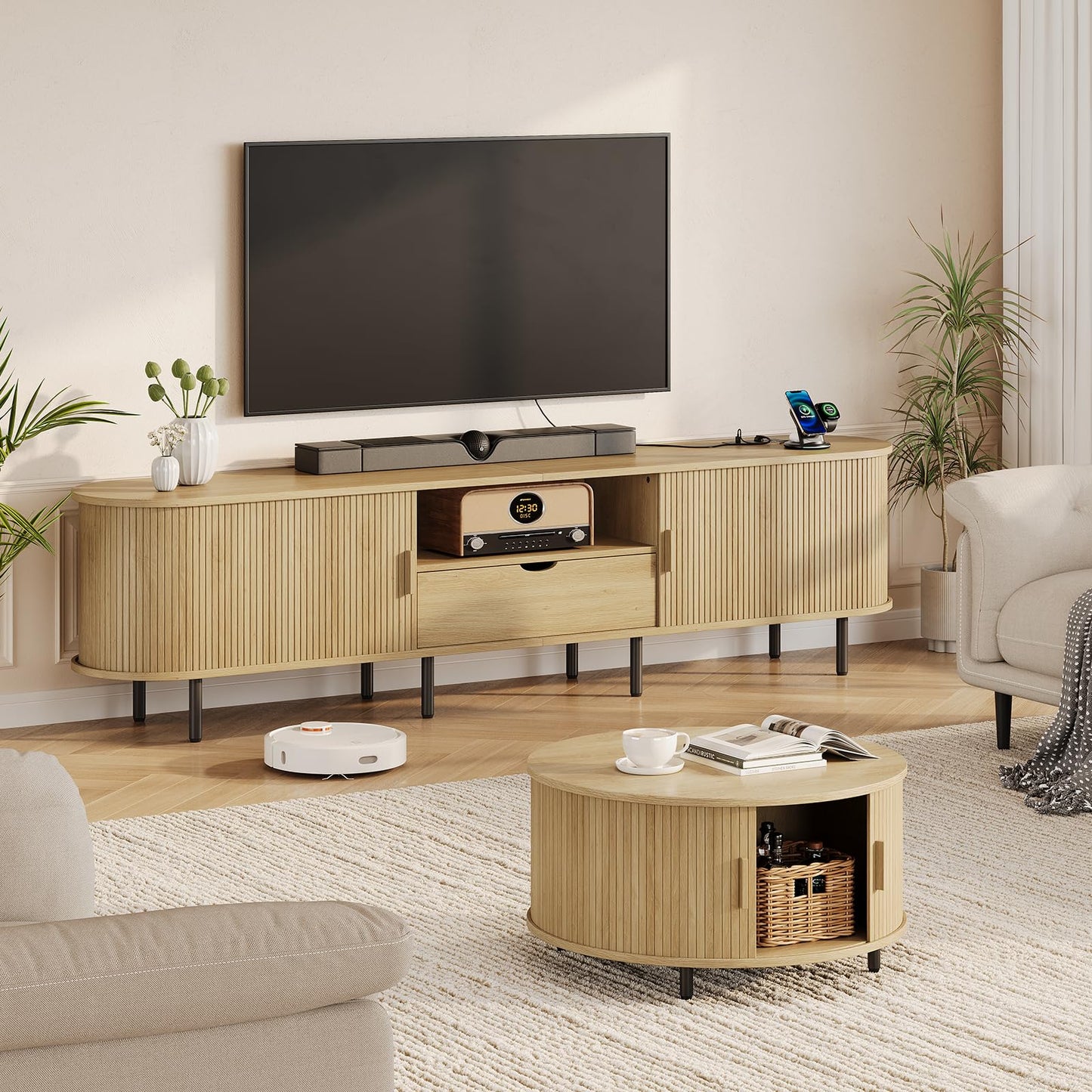 86.6" TV Stand with Power Outlet for TVs up to 85 Inch, Oak Media Console