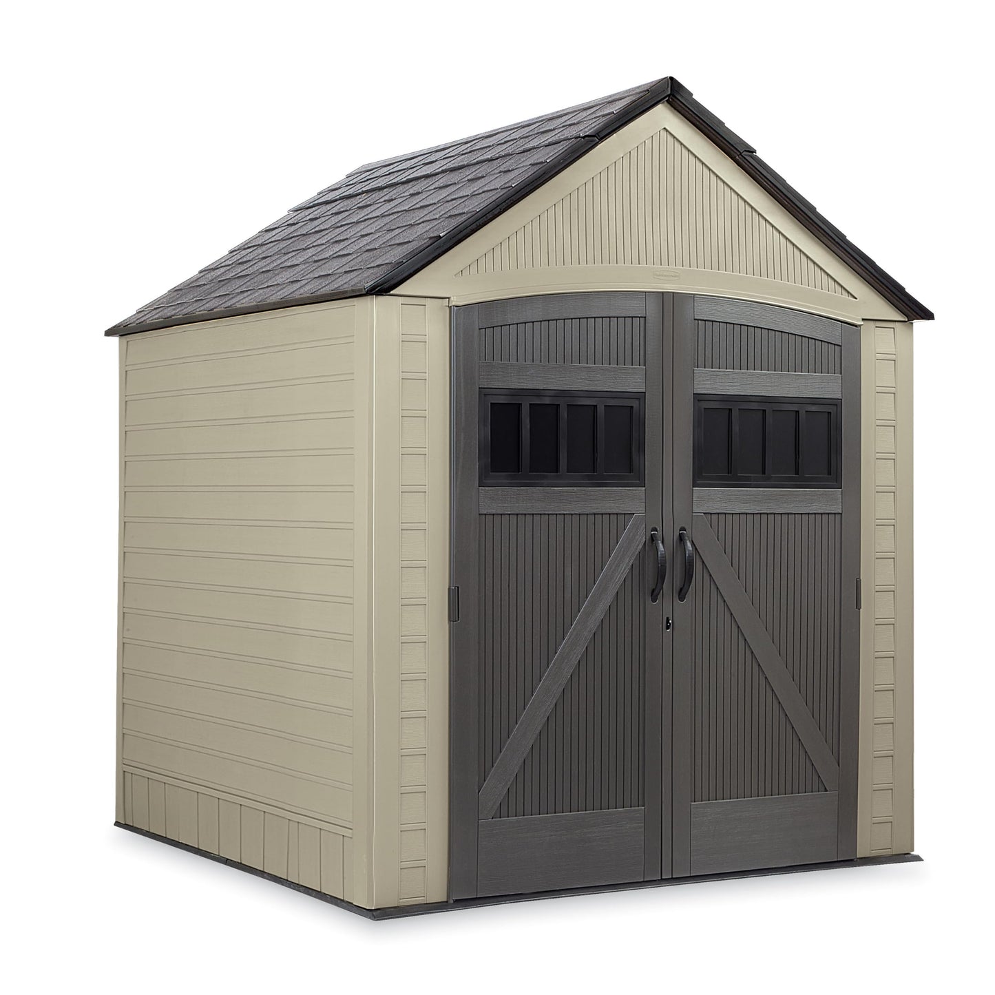 Rubbermaid Resin Outdoor Storage Shed with Floor (7 x 7 Ft) Weather Resistant, Brown Gable, Organization for Home/Backyard/Garden Tools/Lawn Mower/Bike Storage/Pool Supplies