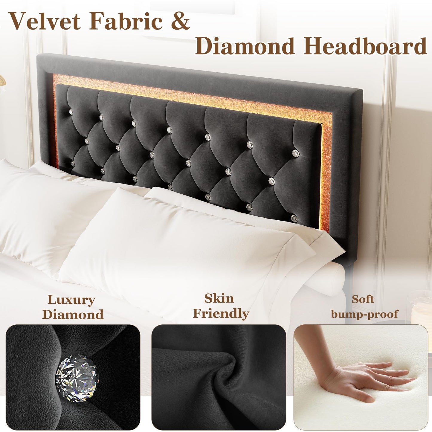 Garvee Floating Bed Frame Queen Size with Smart Led Lights, Upholstered Platform Bed with Diamond Headboard, Solid Wood Slats Support, No Box Spring Needed, Noise-Free, Easy Assembly, Black