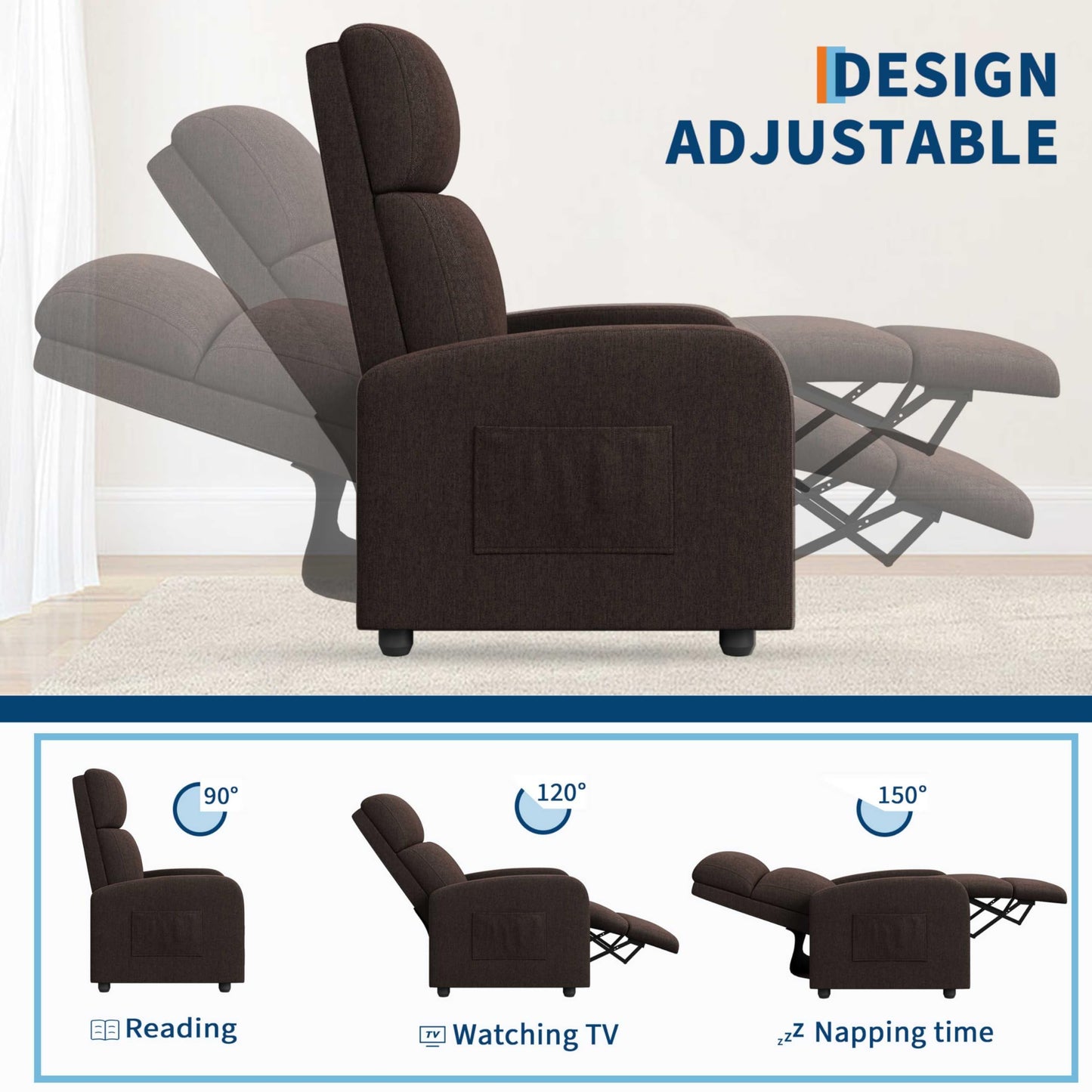 Garvee Recliner Chair for Adults Set of 2 PU Leather Lazy Recliner Ergonomic Adjustable Single Sofa Enhanced with Side Pocket, Tall Back, Wide Arms & Padded Seat, Home Theater Seating for Living Room