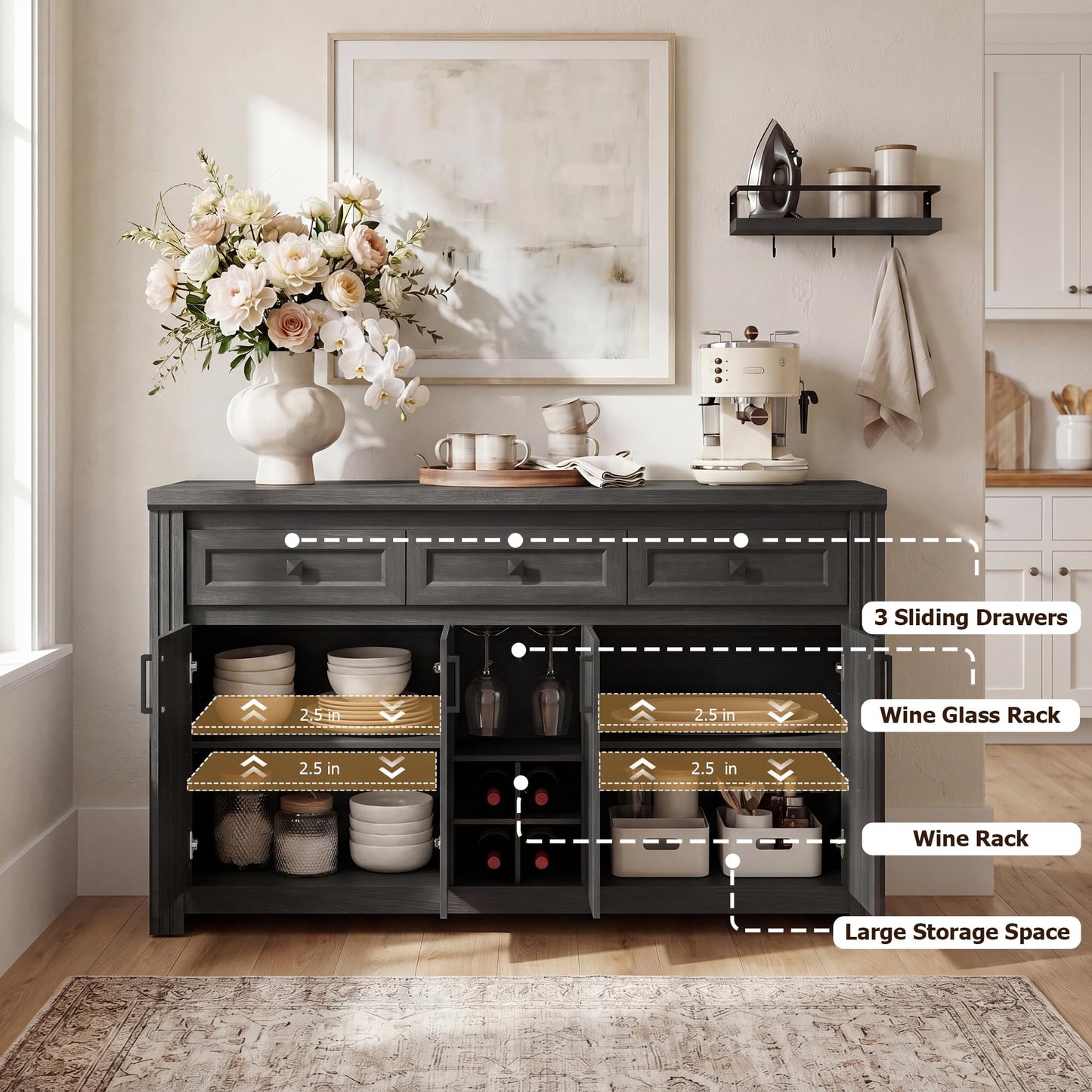 nesture. 55" Buffet Sideboard with Power Outlet, Farmhouse Wood Coffee Bar Cabinet with Wine Rack, Glass Holder, Ajustable Shelves for Kitchen, Black