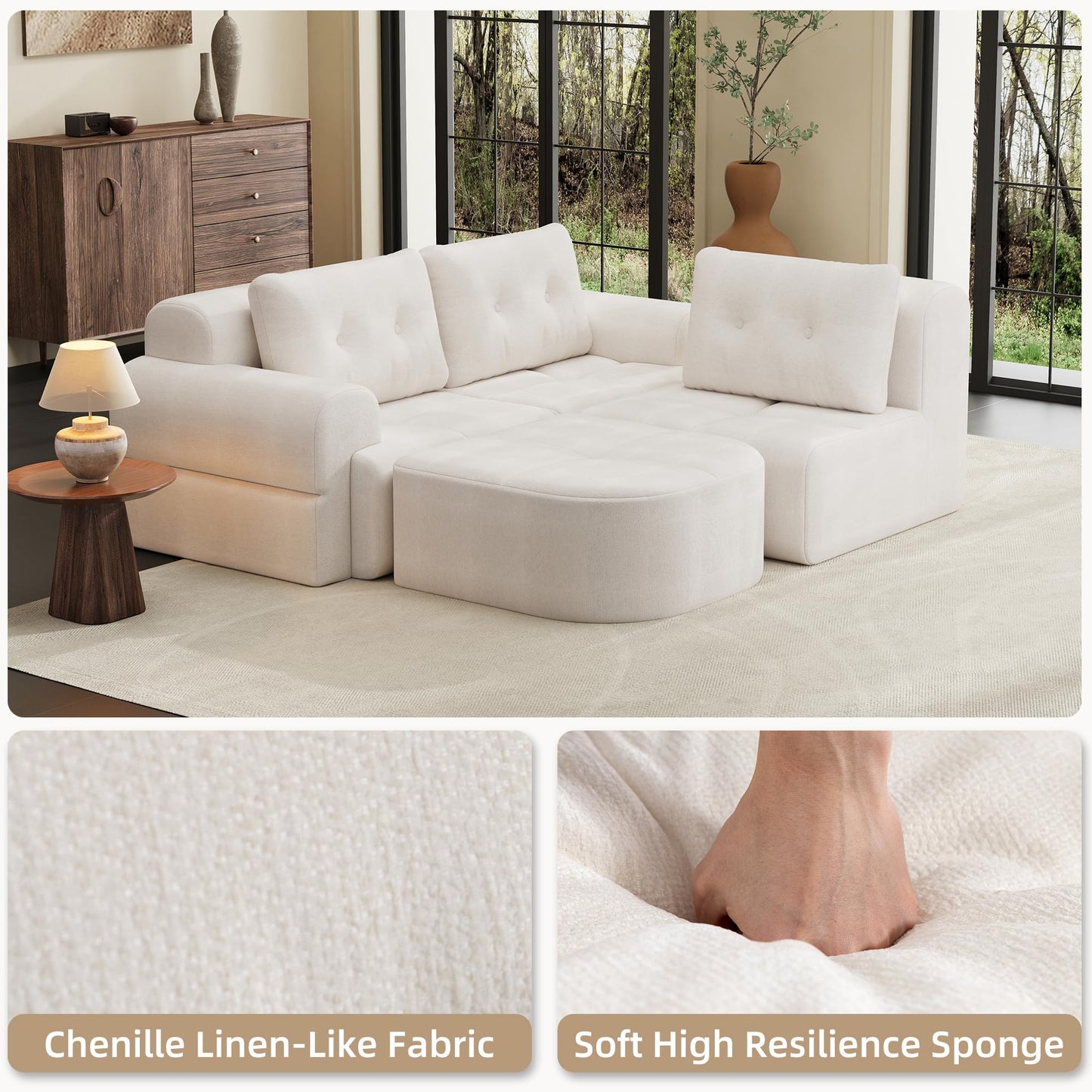 112" Compressed Boneless Sectional Sofa with Movable Ottoman Convertible L Shaped Modular Corner Couch for Living Room - Oversized Cloud Couches W/Tufted Cushions and Deep Seat