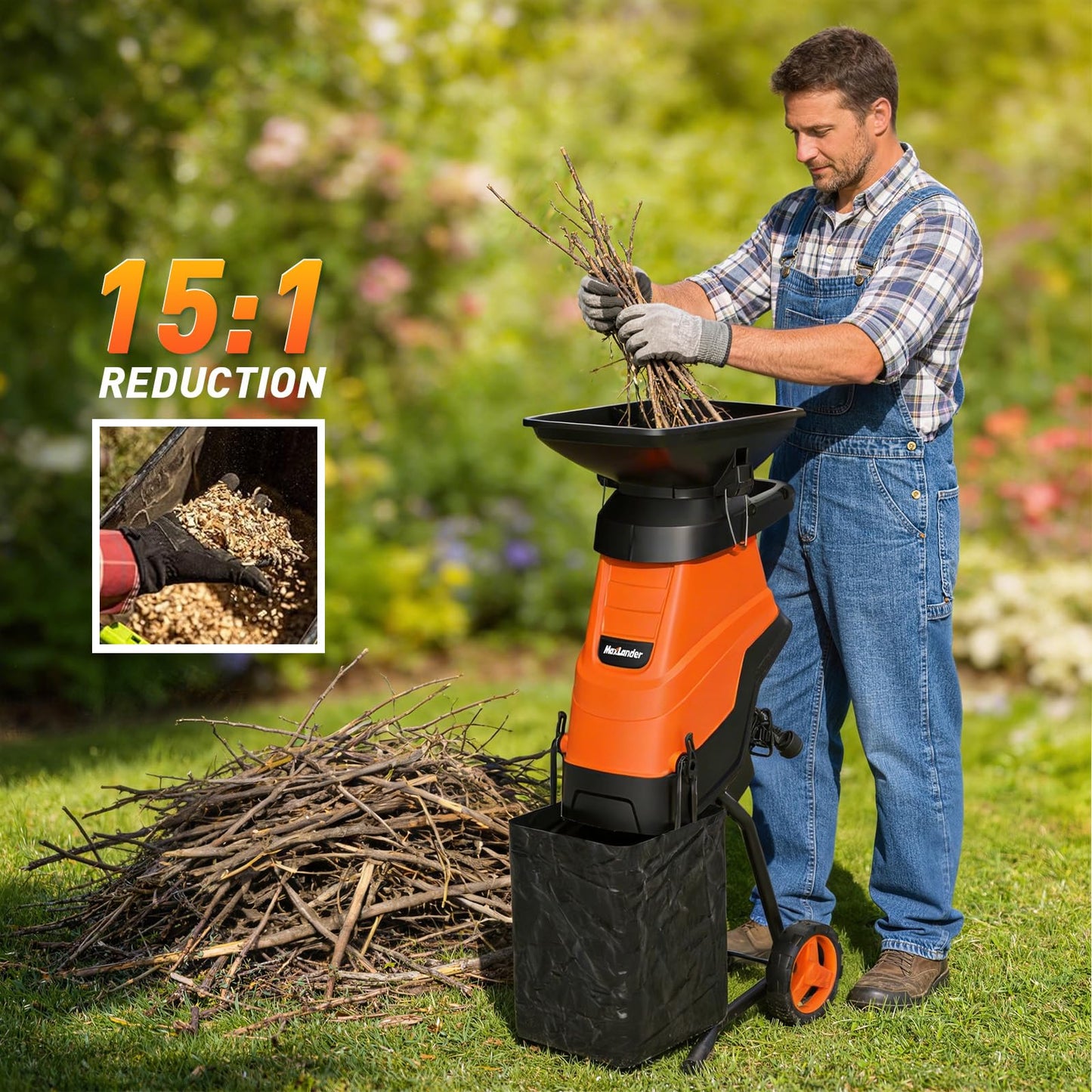 MAXLANDER 15-Amp Electric Wood Chipper Shredder, 1.75-Inch Cutting Capacity, Yard Waste Mulcher for Composting Branches & Twigs, Corded Chipper with Collection Bag