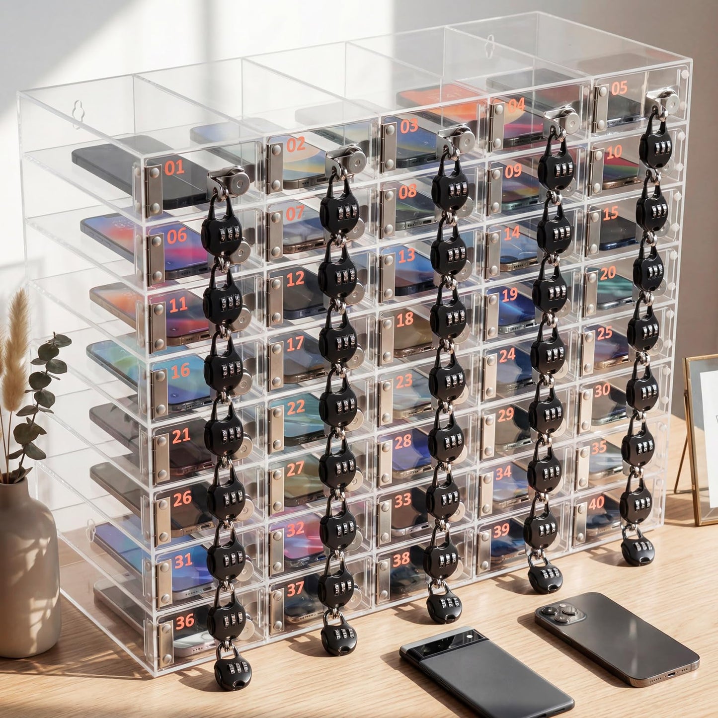 Colingmill 40 Slots Cell Phone Locker Box with Combination Lock, Clear Acrylic Phone Storage Cabinet for Back to School Classroom Students Employee Office Factory
