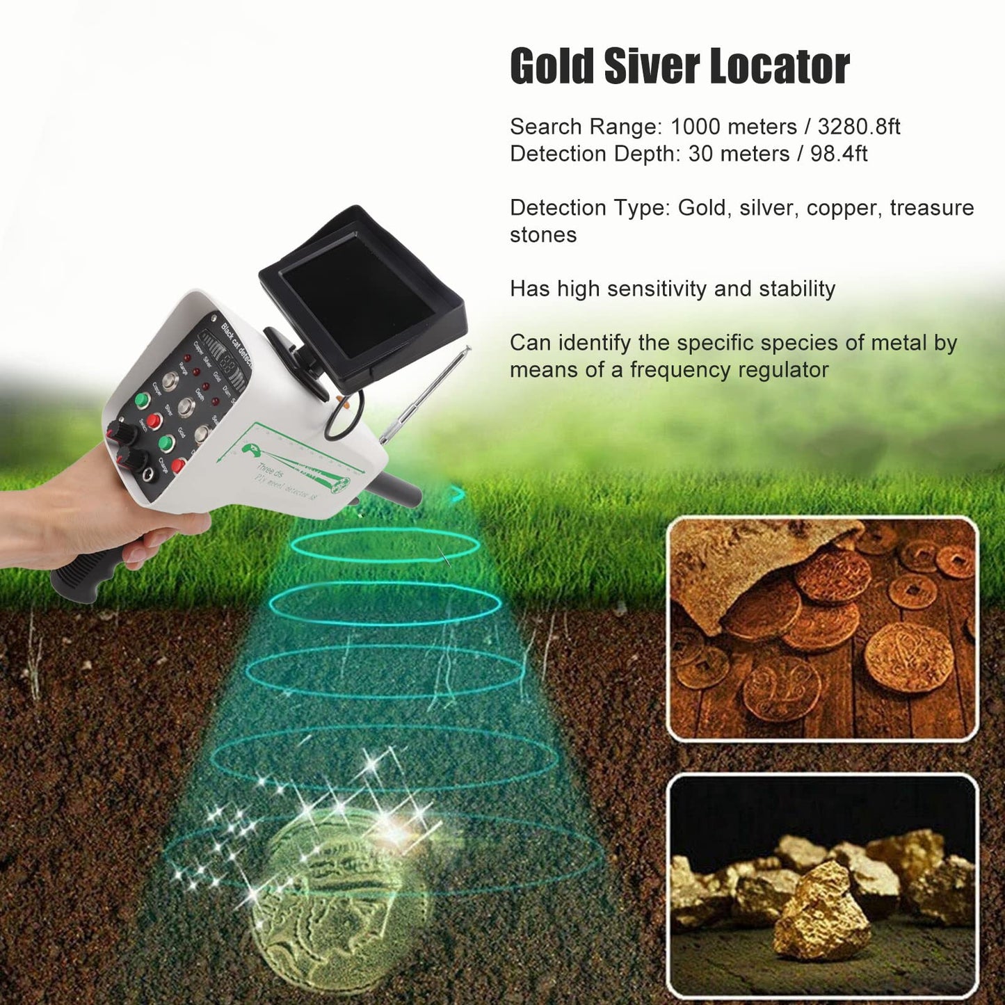 aqxreight 30m Depth Metal Locator 1000m Range Underground Metal Detection Finder with Display for Gold Silver Copper Treasure Stones (US Plug)