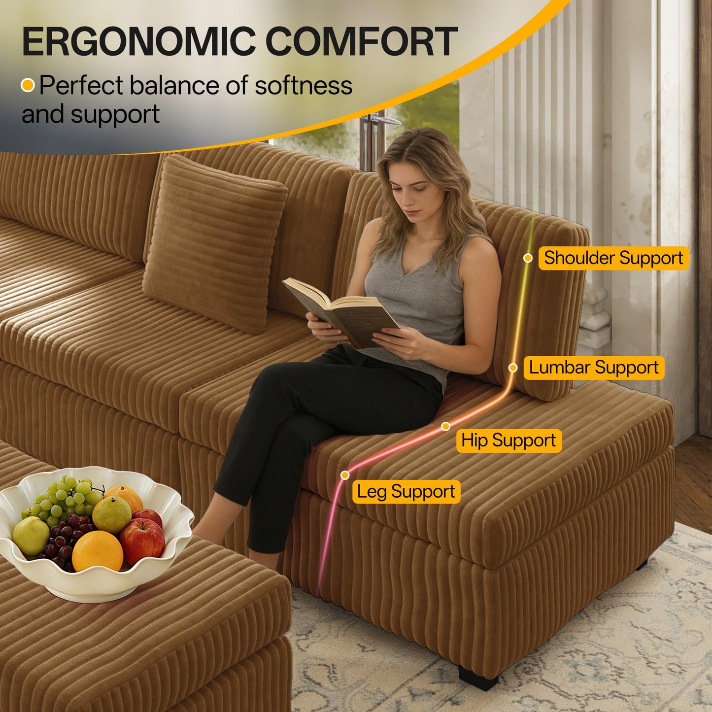 KEIKI 110" L-Shaped Oversized Plush Corduroy Modular Sectional Sofa with Pull-Out Bed, Convertible 6-Seater Sleeper Couch Bed with 1 Ottomans & USB & Cup Holders, Easy Assembly, for Living Room, Camel