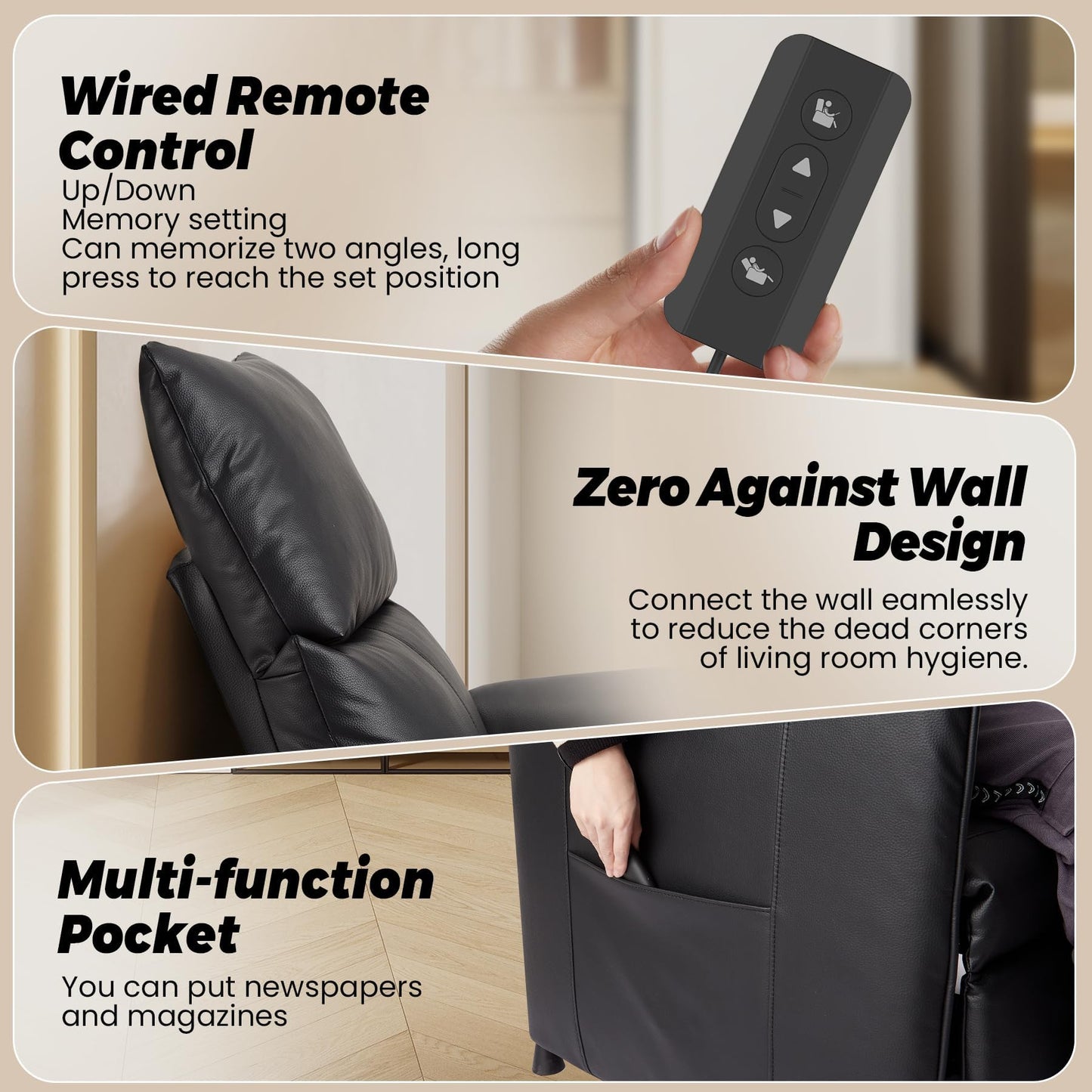 Electric Recliner Chair with Heat and Massage, Power Recliner Sofa Bed for Living Room, Home Theater or Office, Heated Recliner, Adjustable PU Leather Massage Chair, Remote Control, Black