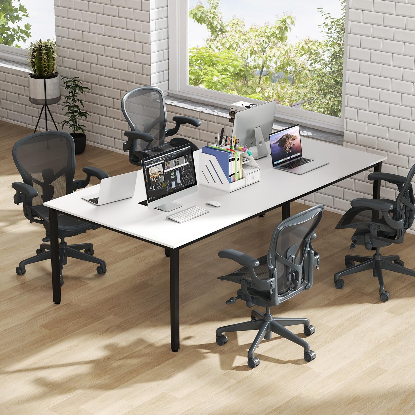 Nightcore Rectangle Conference Table for 10, 8 ft Large Seminar Table with 2 Cable Grommets, Modern Industrial Office Computer Desk with Metal Legs for Boardroom, Meeting Room, White