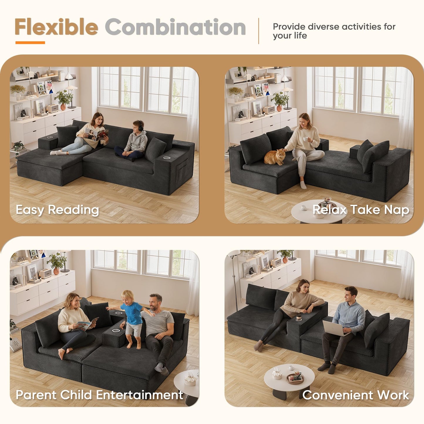 Homall 109" Boneless Couch with Memory Foam, Modular Sectional Sofa with L-Shape Chaise, Cloud Couch with Deep Seat, Dual Cup Holders & Side Pockets, No Assembly Required (Black)