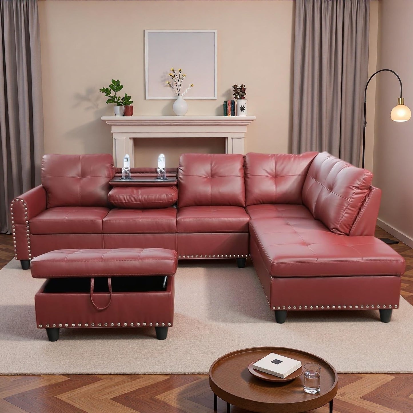 Topcomfy Red Sectional Couches for Living Room with Movable Chaise & Storage Ottoman - 97.5" Leather L Shaped Couches for Living Room Apartment, Home Modular Sectional Sofas with Cup Holder