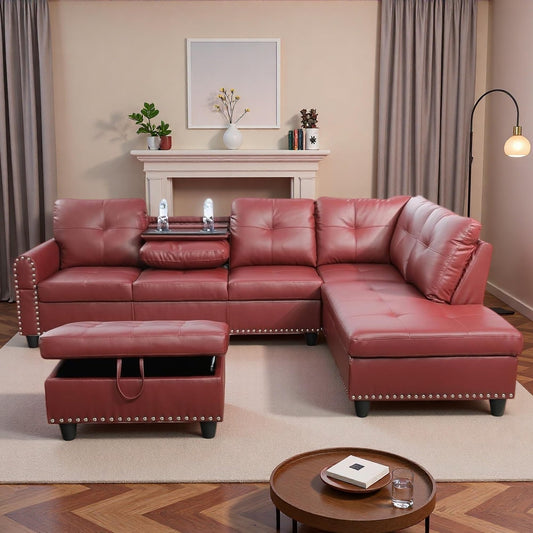 Topcomfy Red Sectional Couches for Living Room with Movable Chaise & Storage Ottoman - 97.5" Leather L Shaped Couches for Living Room Apartment, Home Modular Sectional Sofas with Cup Holder