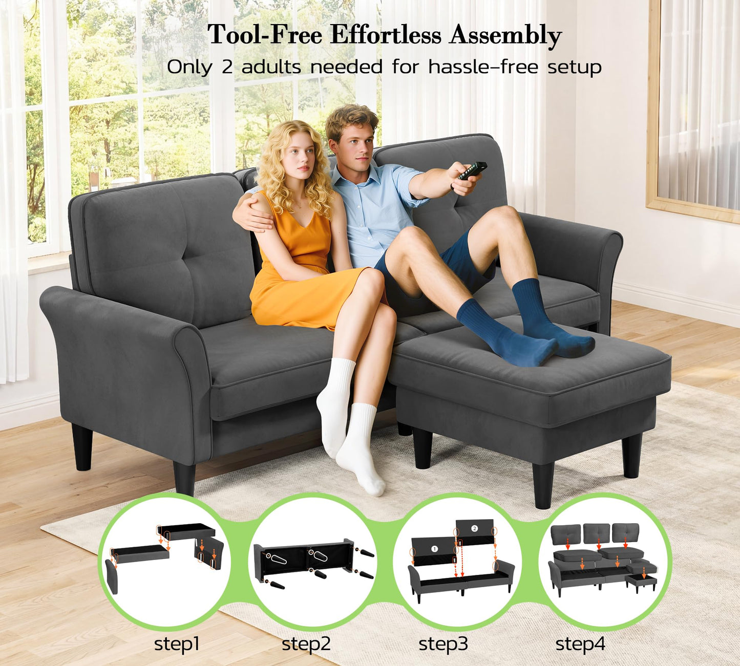 Kidirect Small Sectional Couch, 83" L Shaped Couch, Comfy Velvet Couches for Living Room, Tool-Free Setup Modular Sectional Sofa, 850lbs Load Sofas for Living Room with 1 Movable Ottoman, Grey Couch
