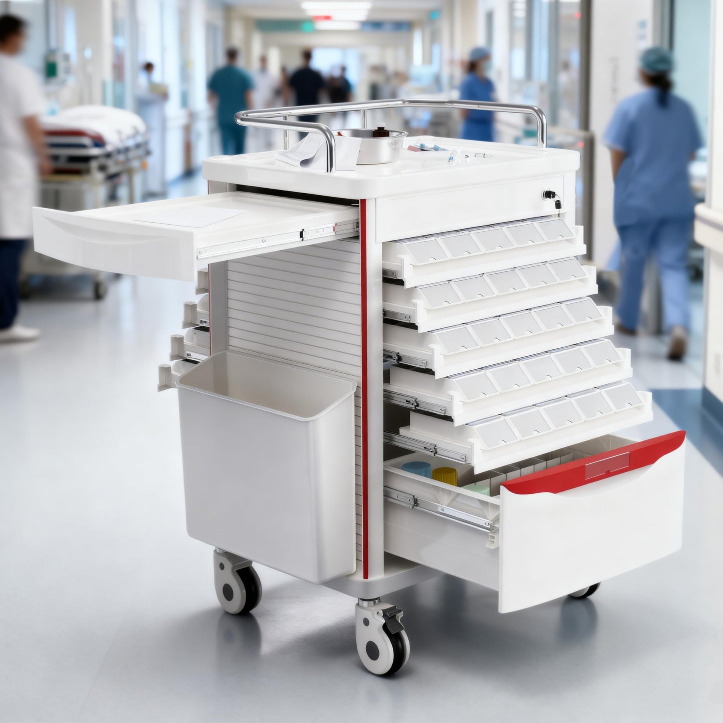 OLERN Medication Bins Cart with 200 Bins, 10 Drawers - Dual-Sided Open, 50 Medicine Boxes, Hidden Sub Workbench, Silent Casters, Container, 2 Trash Bin-Medical Crash Cart for Clinic, Hospital and Lab