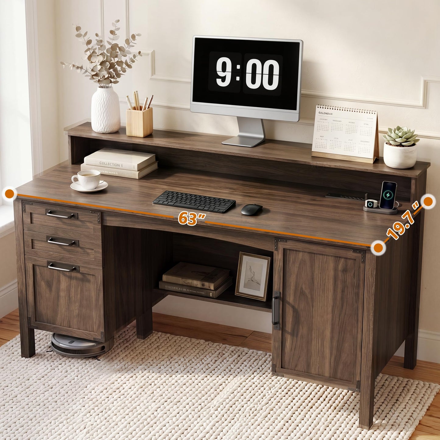 Homiflex Farmhouse Office Desk with Power Outlet & Monitor Stand, 63'' Home Computer Desk with 2 Drawers, File Cabinet, Storage Cabinet, Executive Desk for Work, Study, Writing, Gaming, Walnut