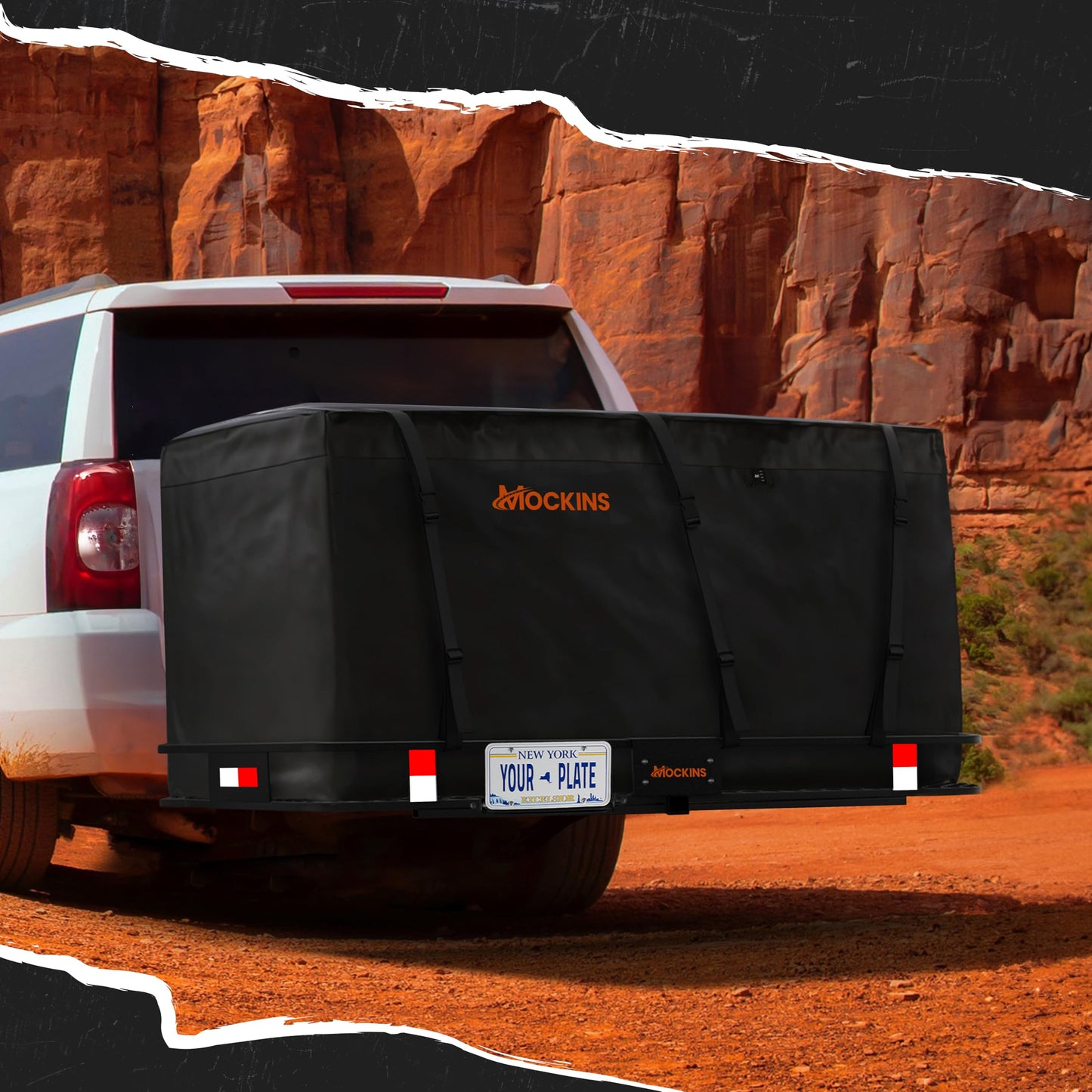Mockins 70"x30"x6" XXL Folding Trailer Hitch Cargo Carrier w/Plate Bracket | 500 Lbs Cap All-Weather Steel Luggage Rack for SUV Car & Truck w/ 40 CuFt Waterproof Cargo Hitch Carrier Bag & Accessories