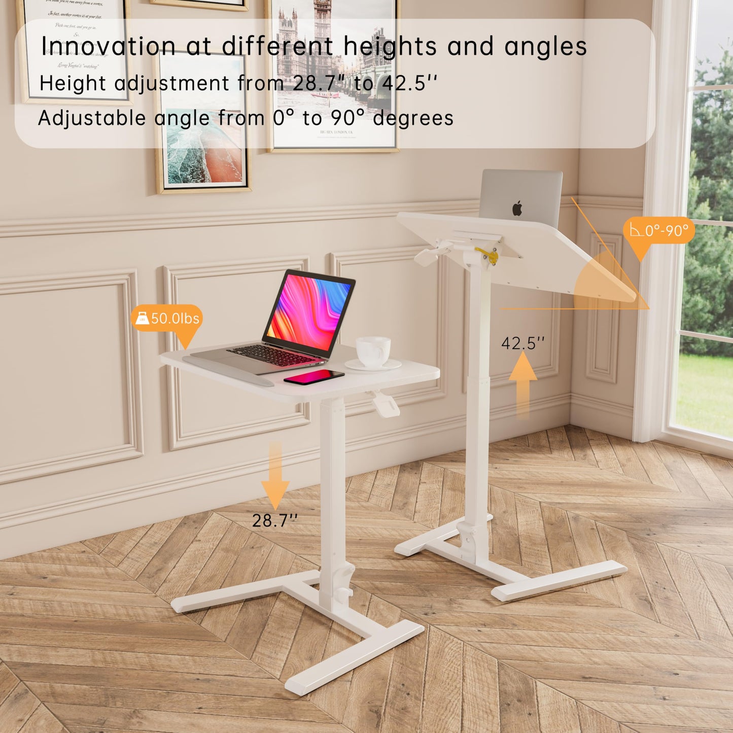 alawooder 25 Inch Mobile Folding Desk - No Assembly, Pneumatic Sit-Stand, 29-42" Height Adjustable Rolling Laptop Desk with Hidden Wheels, 0-90° Tilt Top for Home Office, Craft & Study