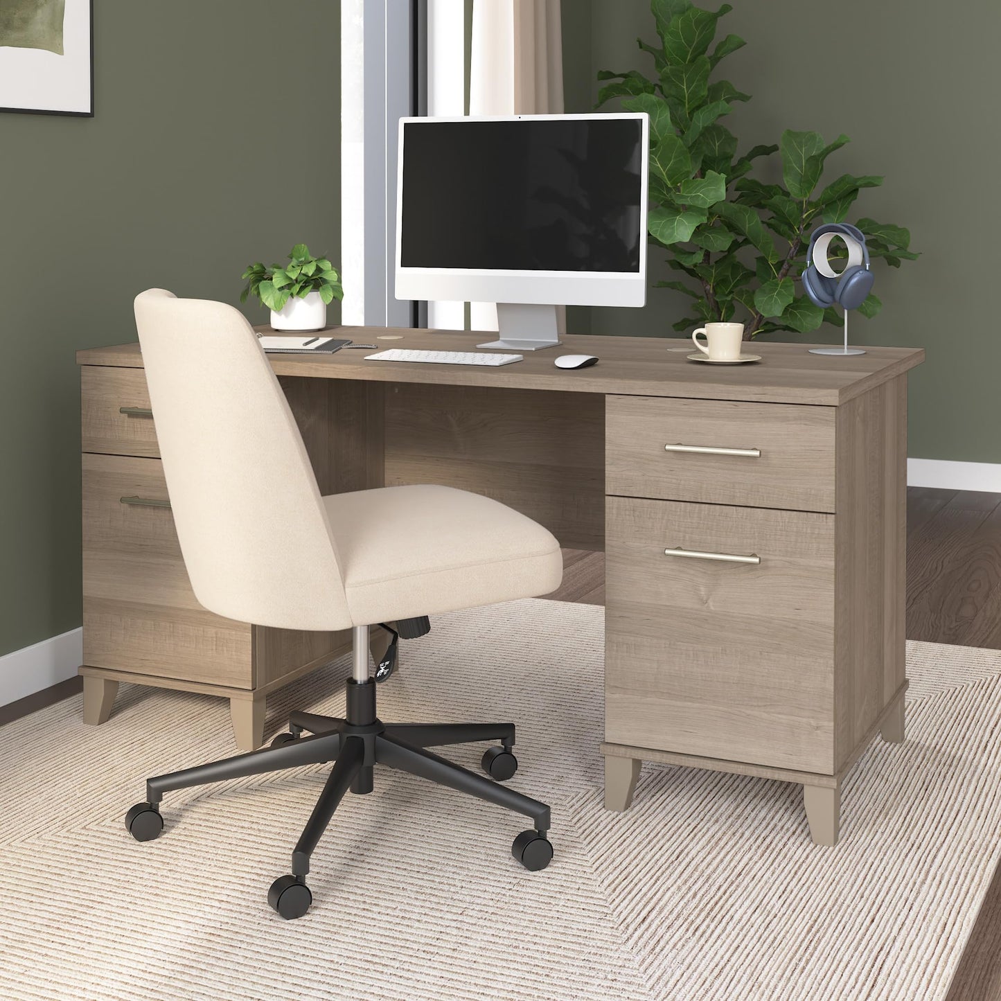 Bush Home 60-Inch Office Desk with Drawers, Computer Desk with File and Box Drawers, Home Office Workstation with Storage Cabinet, Writing Desk Furniture, Somerset Collection, Ash Gray