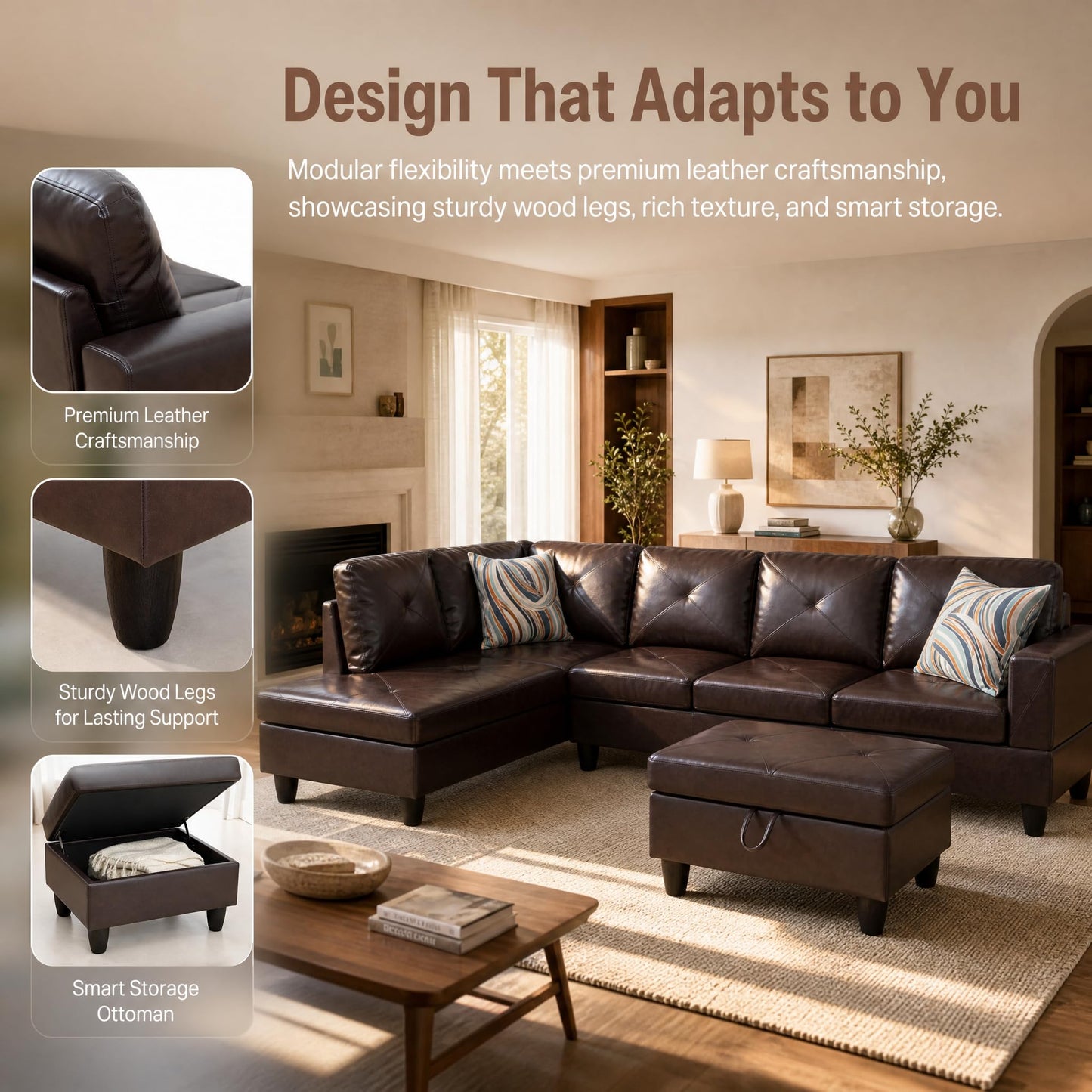 Trygoal 97" Leather L Shaped Couch with Left Chaise & Cup Holder, Sectional Sofas Modular Furniture Set with Storage Ottoman, Convertible Couches for Living Room, Small Space & Office (Brown)