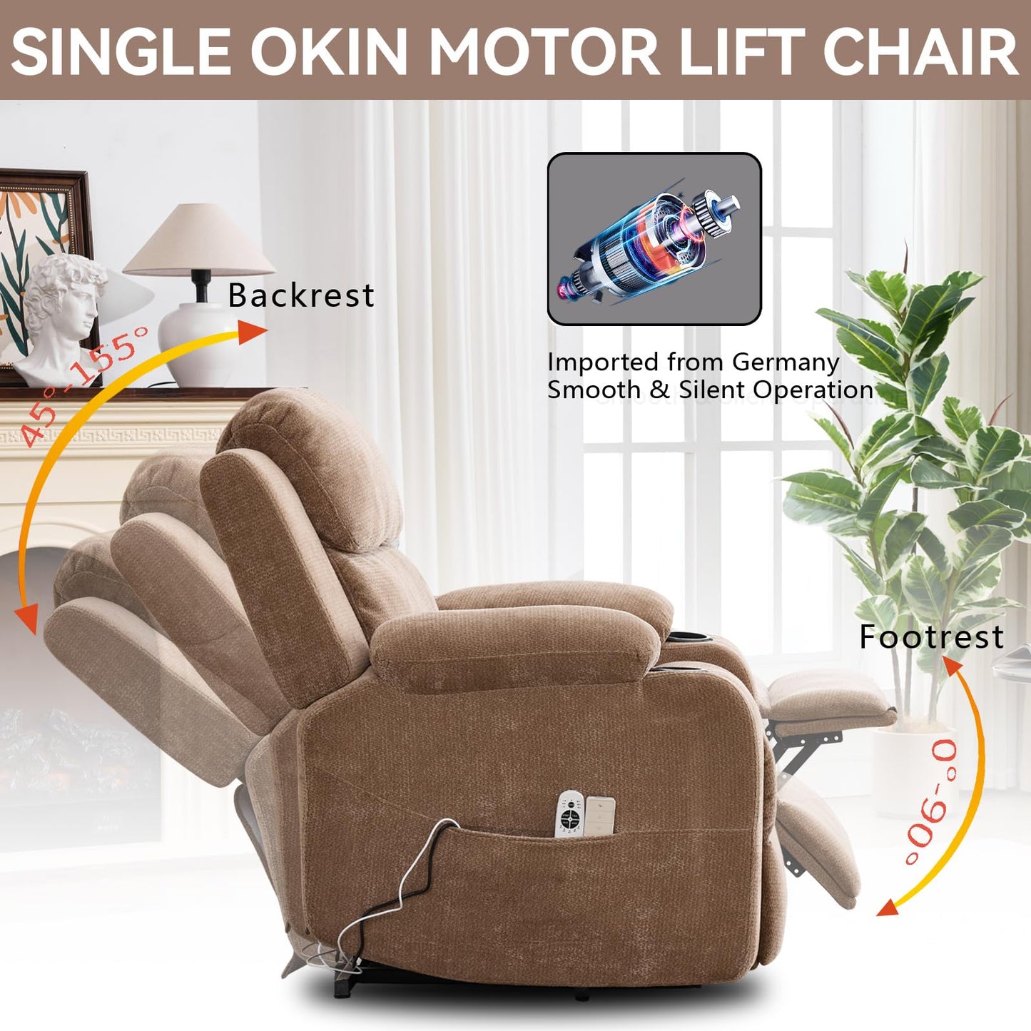KEIKI Power Lift Recliner Chair for Seniors, Infinite Position Single Motor Lift Chair with Massage and Lumbar Heating, Upholstered Armchair Single Sofa with Cup Holders for Living Room, Brown