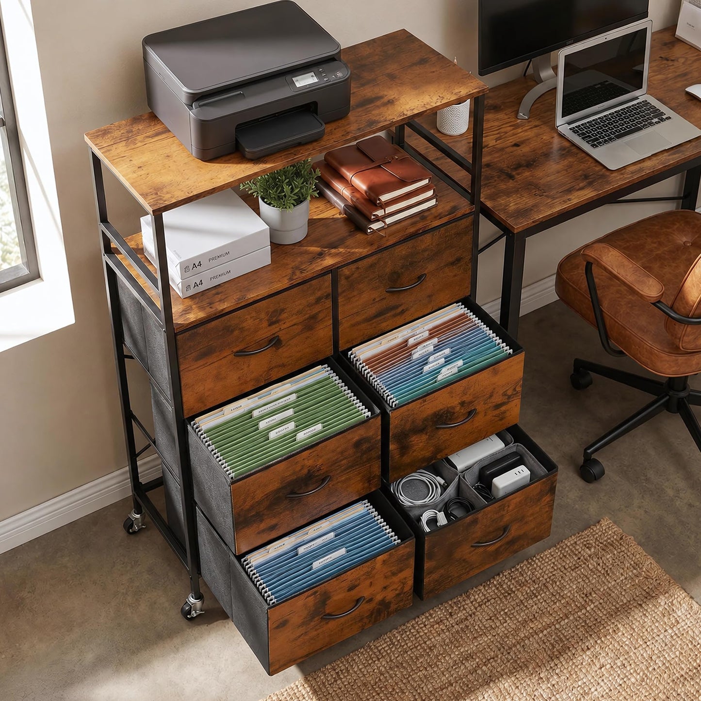 DreamDashio 6 Drawer Fabric File Cabinet with Printer Stand & Dual Shelves, 2-Tier Printer Storage with Letter/A4/Legal File Drawers, Adjustable Hanging Rails, Lockable Casters/Leveling Feet