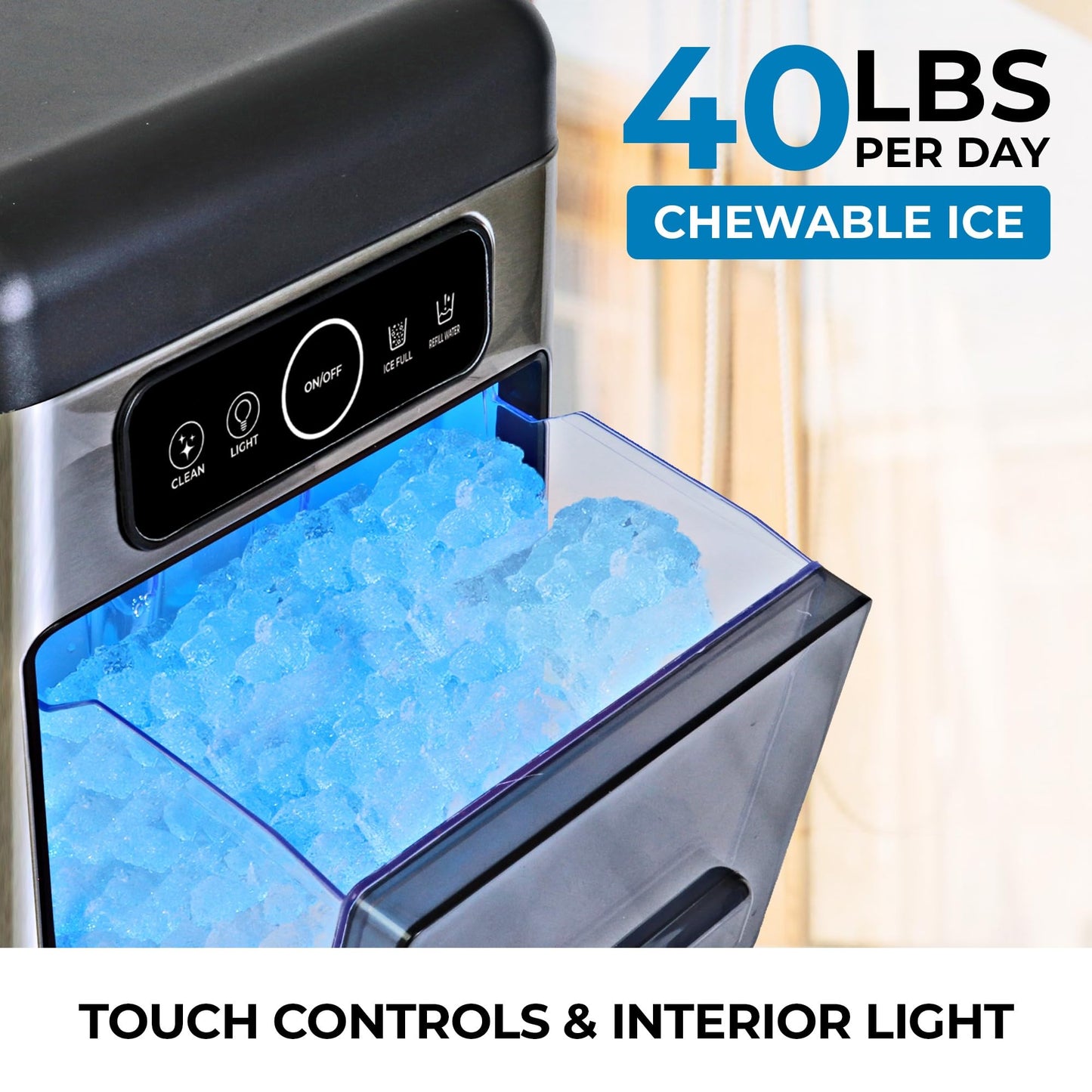 Kenmore Countertop Ice Maker Nugget Machine – Portable Self-Cleaning Máquina de Hacer Hielo para Casa, Crunchy Chewable Pebble Ice, 40lb/24hr Capacity, Stainless Steel