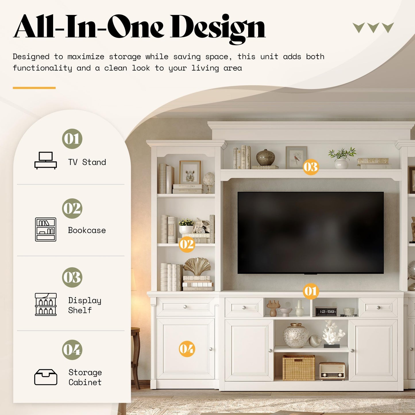 AMERLIFE 102.8" Wall Unit Entertainment Center with Bookshelves for TVs up to 65", Multifunctional TV Stand Media Console with Cabinet & Storage Drawer & Adjustable Shelf for Living Room,White