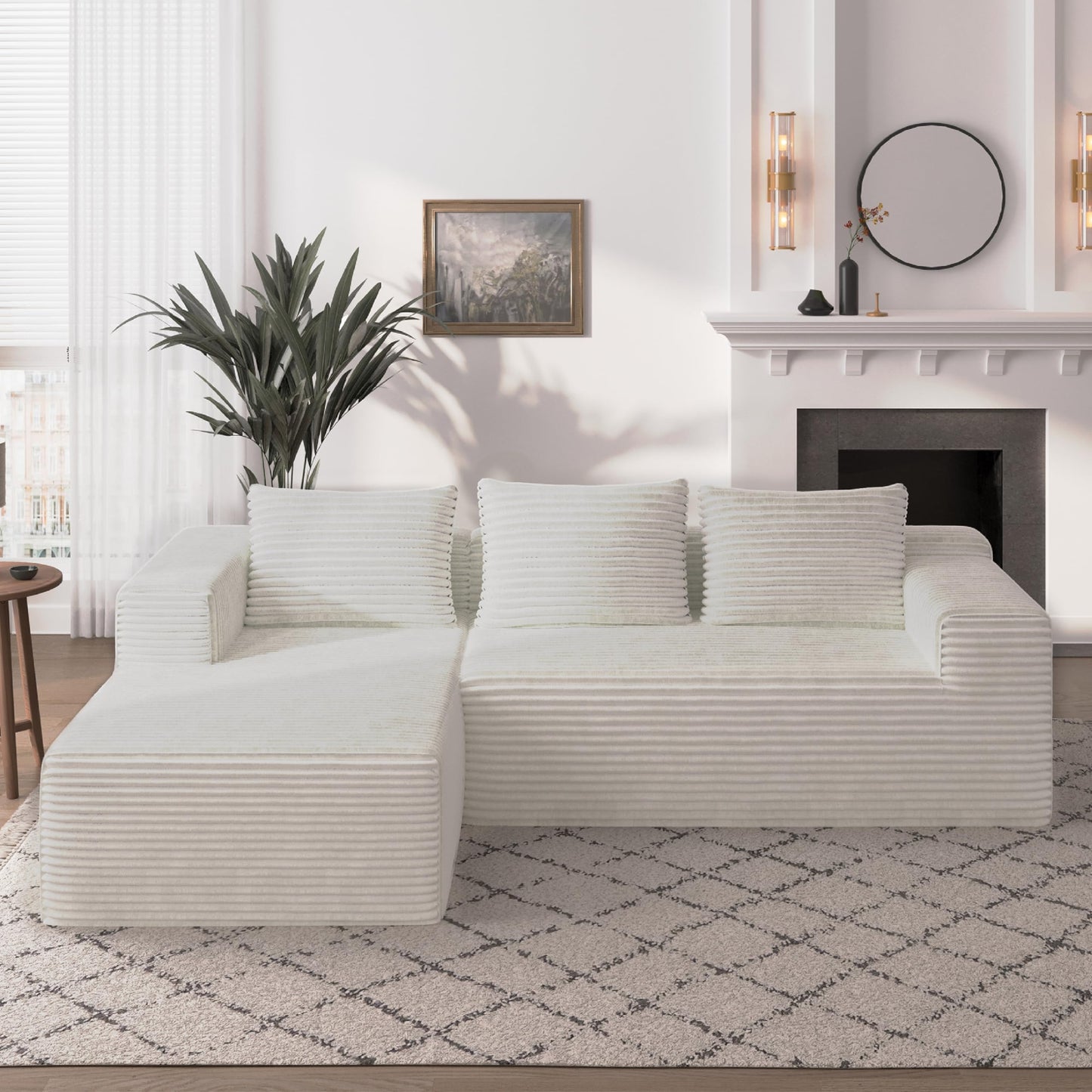 Attalee Modular Sectional Sofa for Living Room, L Shaped Compressed Corduroy Sectional Boneless Couches with Deep Seat and 4 Storage Pockets, Easy Assembly, White