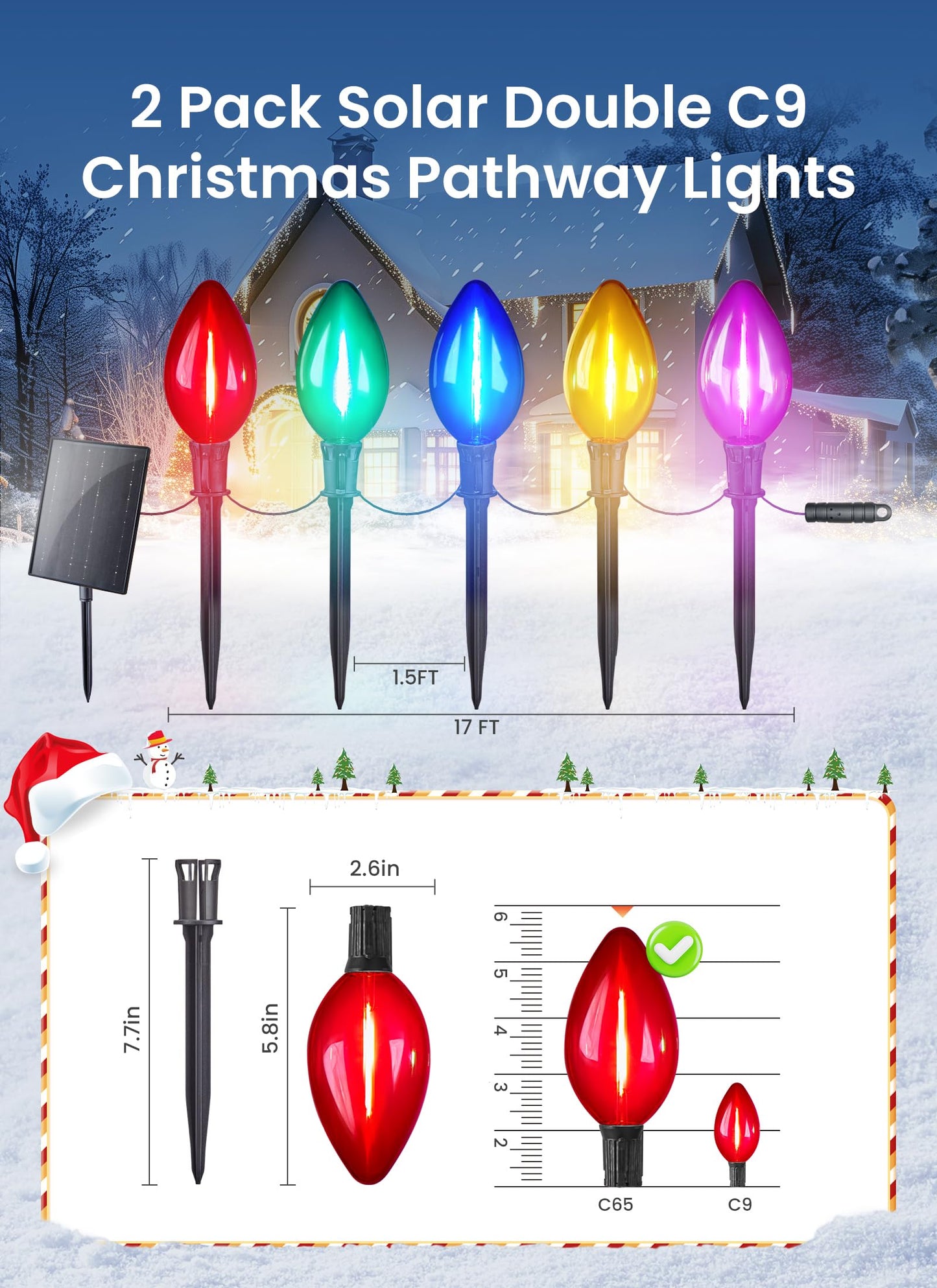 Minetom Solar C9 Christmas Pathway Lights - 20 LED, 8 Modes, Timer, 32FT, 2 Pack, Multicolor