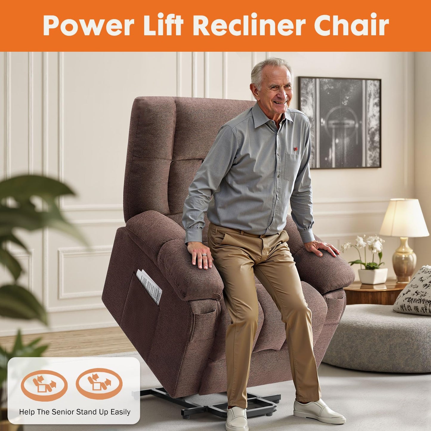 Sweetcrispy Power Lift Recliner Chair with Vibration Massage and Heat for Adults, Ergonomic Overstuffed Breathable Fabric Reclining Chair with Side Pockets, Remote Control, Living Room, Bedroom, Brown