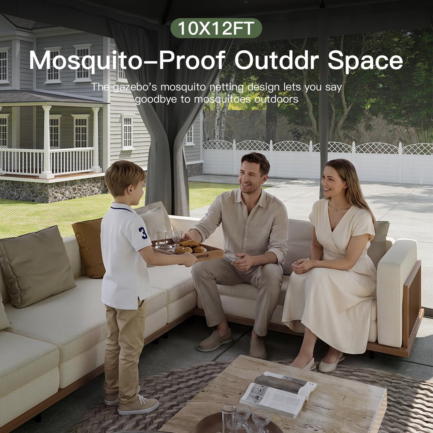 Aoxun Outdoor Gazebo for Patio 10x12, Metal Frame Canopy with Double Roofs, Heavy Duty Party Tent and Shelter with Mosquito Netting and Privacy Screen for Backyard, Lawn, Garden, Deck