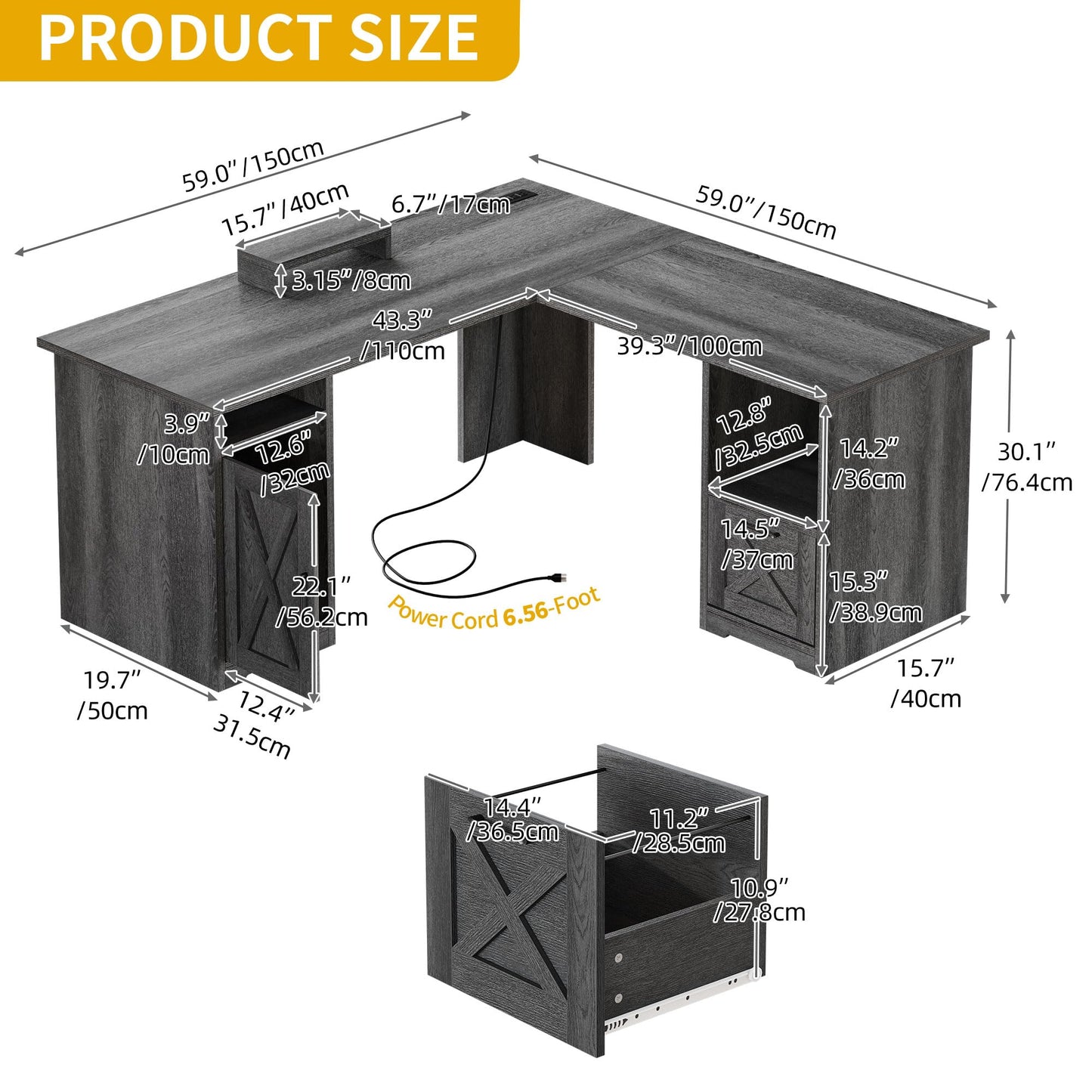 DWVO L Shaped Desk with File Drawer, 60" Corner Computer Desk with Power Outlets, Home Office Desk with Monitor Stand & Storage Shelves & File Cabinet, Grey